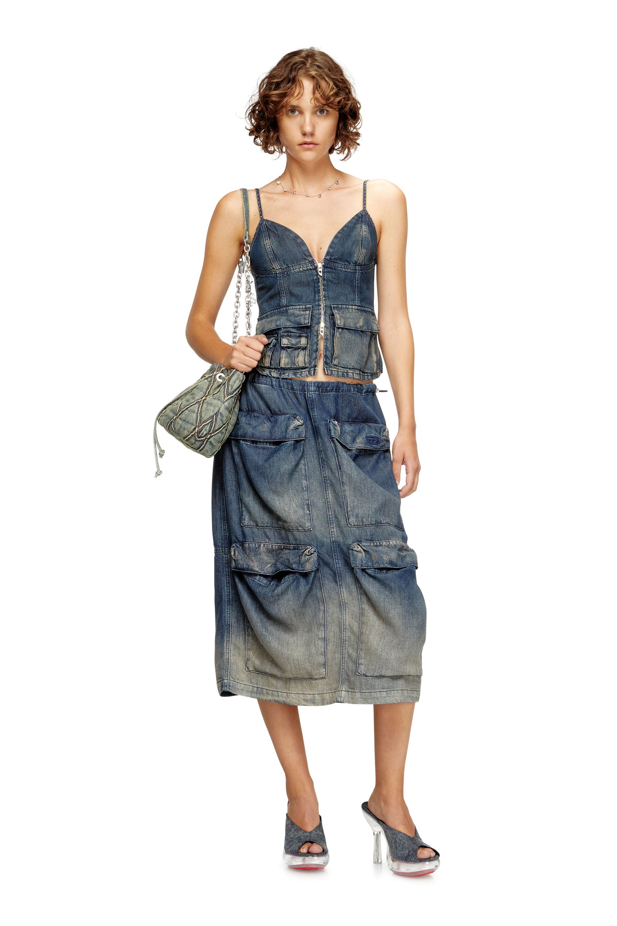 Diesel - DE-MEGI-S, Falda midi de denim degradado fluido Mujer in Azul marino - 2