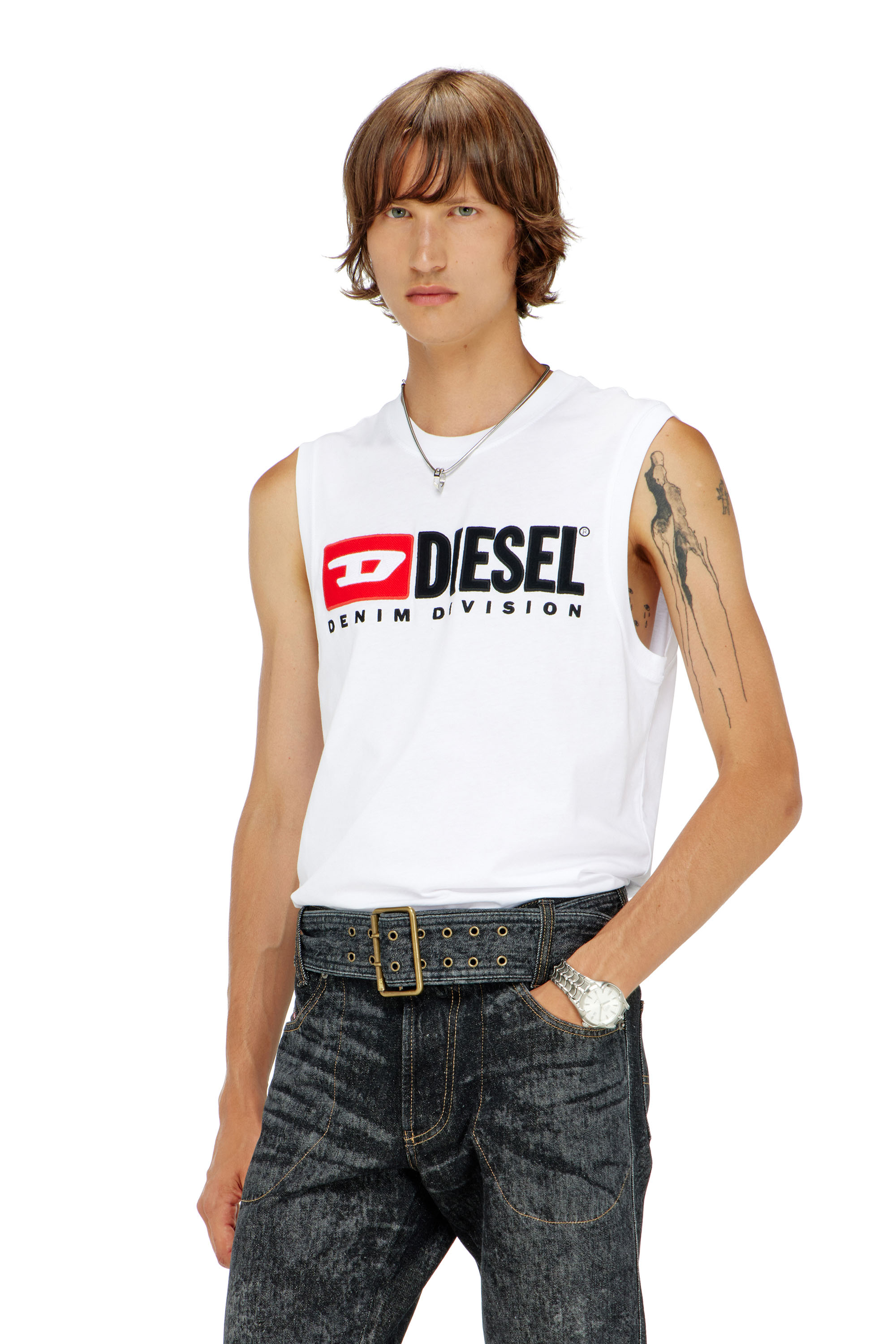 Diesel - T-ISCO-DIV, Camiseta sin mangas con logotipo estampado en el pecho Hombre in Blanco - 1