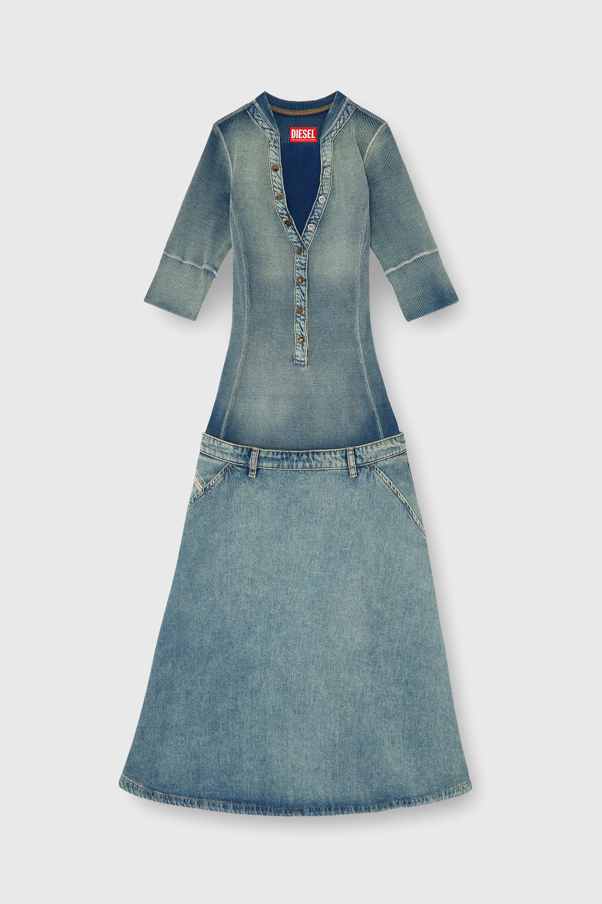 Diesel - DE-ANIM-S, Vestido midi de punto y denim con cintura baja Mujer in Azul marino - 1