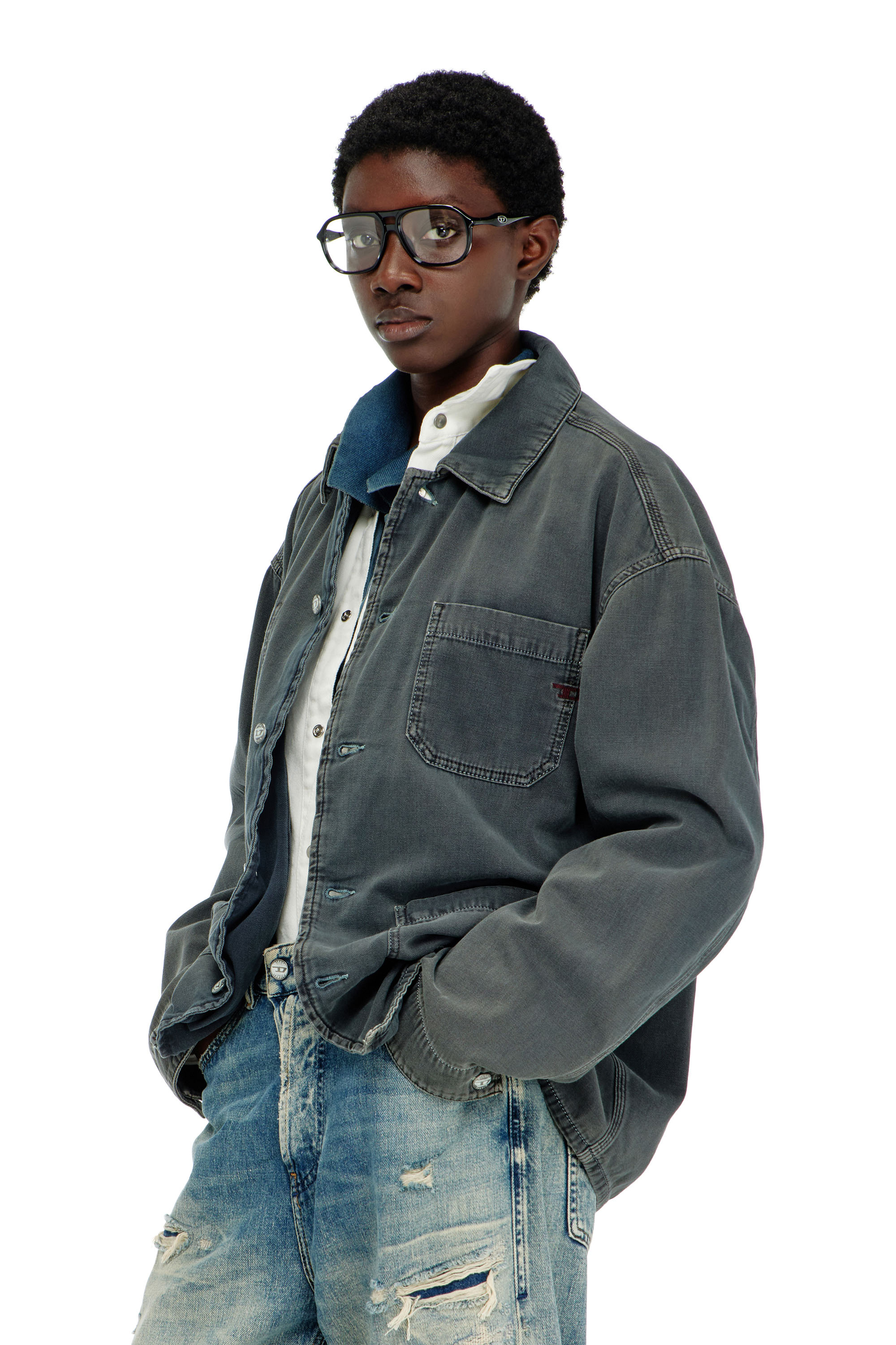 Diesel - D-STACK-U, Chaqueta estilo utility de denim te&ntilde;ido Unisex in Gris - 1