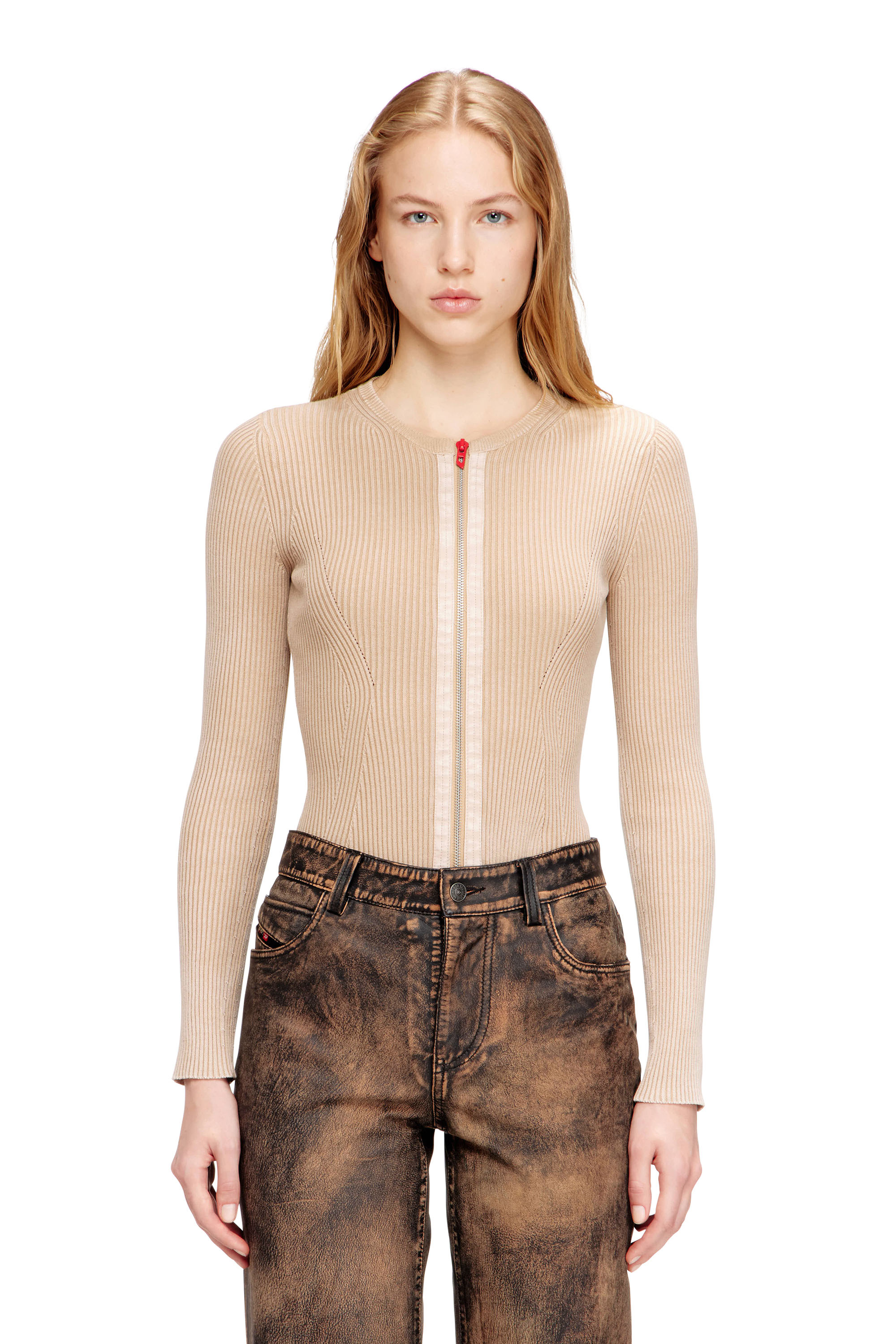 Diesel - M-GILDE, C&aacute;rdigan con cremallera en algod&oacute;n acanalado Mujer in Beige - 1