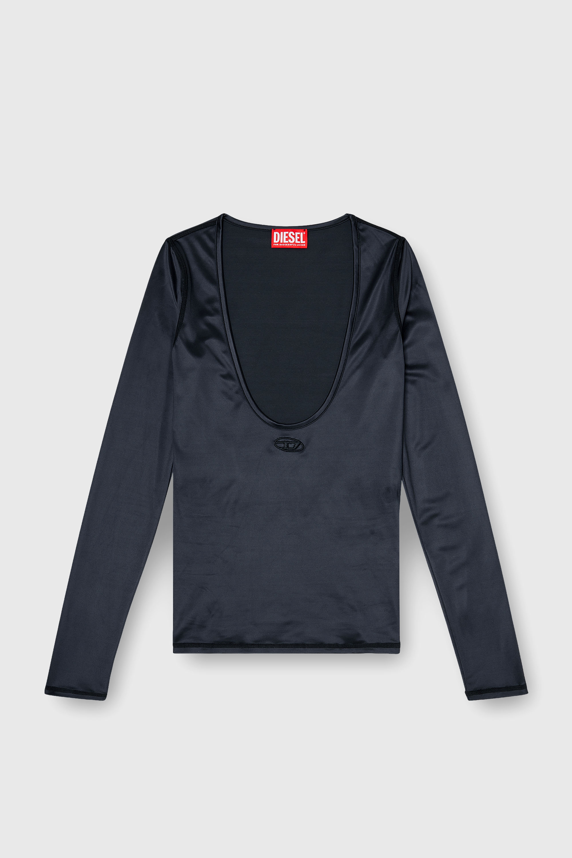 Diesel - T-ELPHIN-LS, Top slim de nylon con escote redondo y Logo Oval D bordado Mujer in Negro - 2