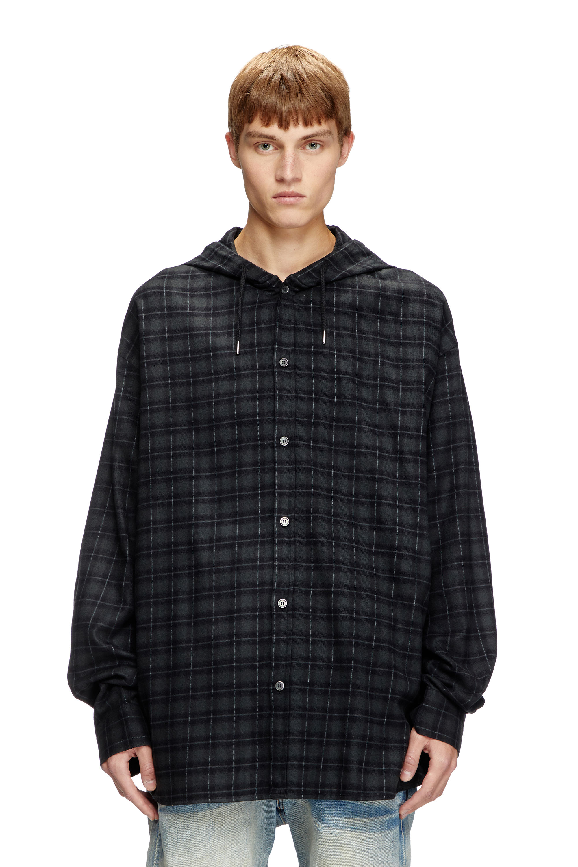 Diesel - S-DEWNY-HOOD-B, Camisa con capucha de franela a cuadros Hombre in Negro - 1