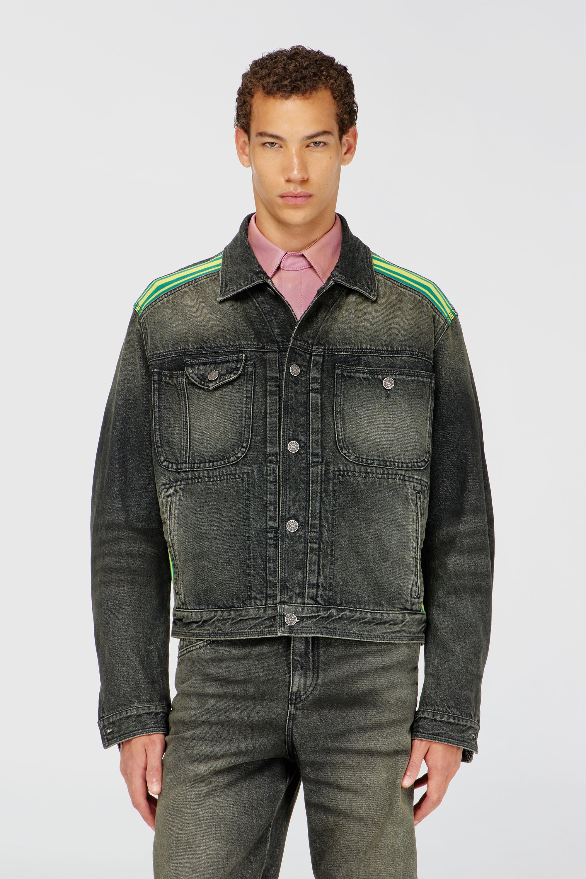 Diesel - D-BAS-FSJ1, Chaqueta trucker con bandas de hombro a rayas Hombre in Gris - 1