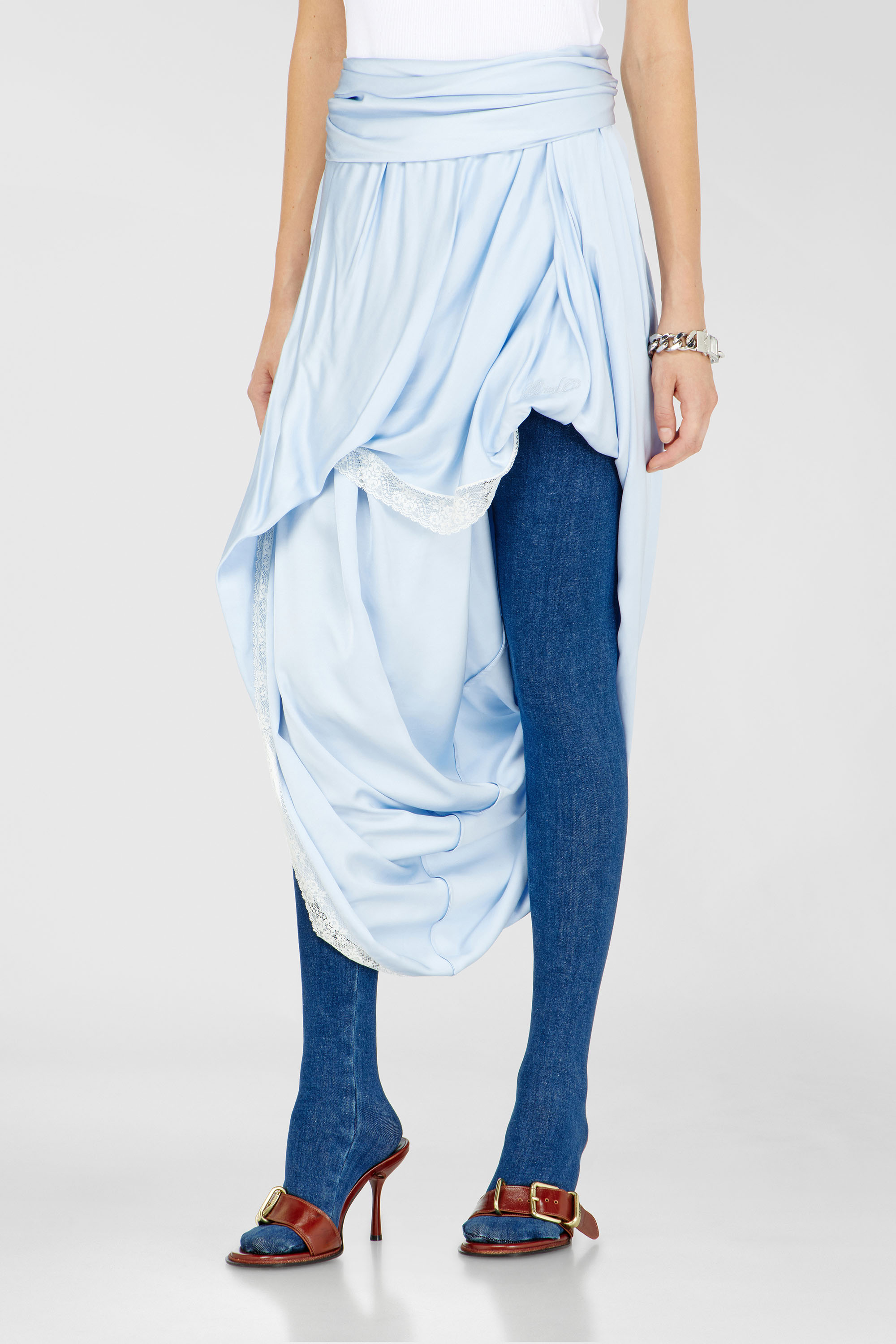 Diesel - O-WANDA, Falda midi de sat&eacute;n drapeada con encaje Mujer in Azul marino - 1