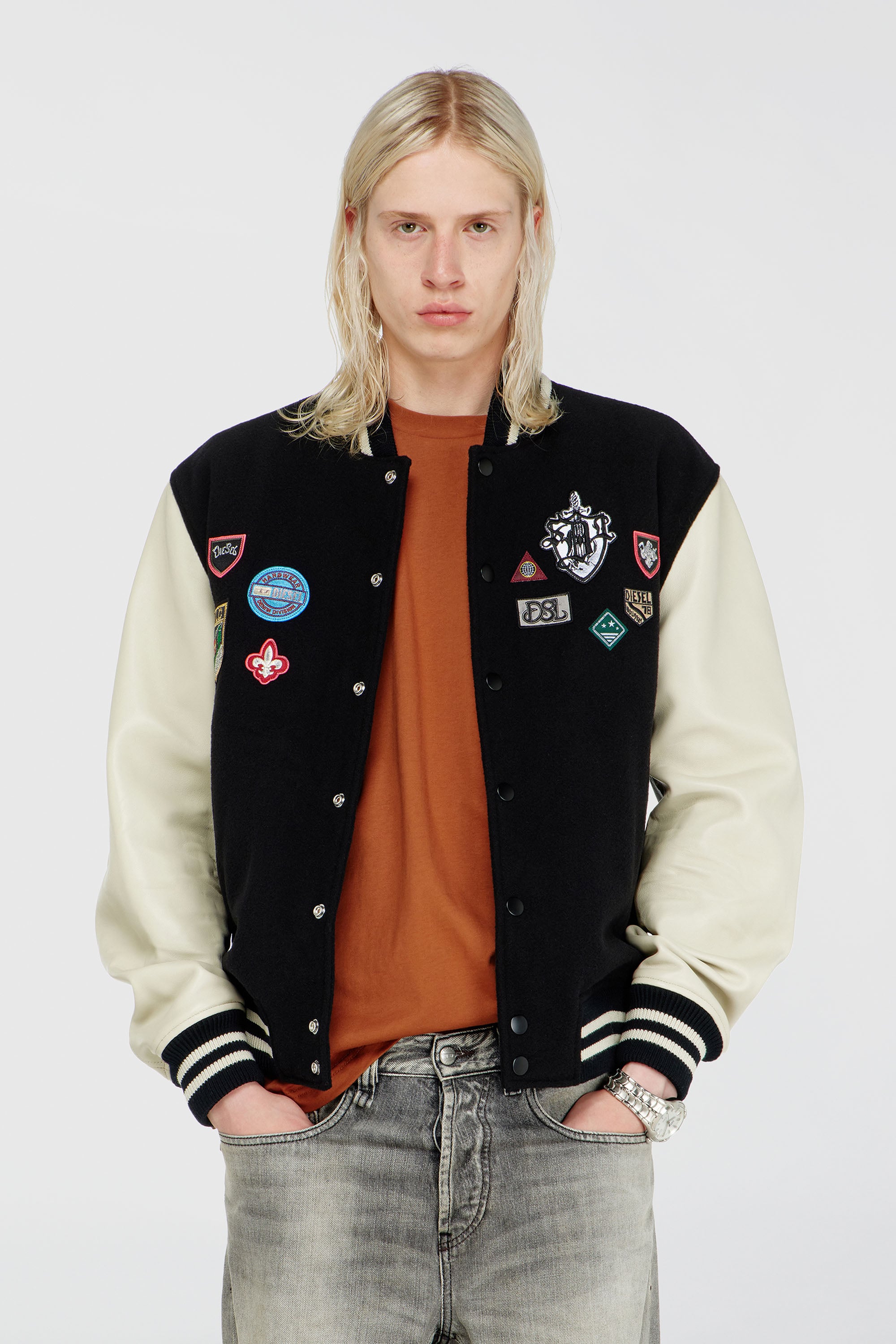 Diesel - L-ARRY-PATCH, Cazadora bomber de lana y piel con parches Hombre in Multicolor - 1