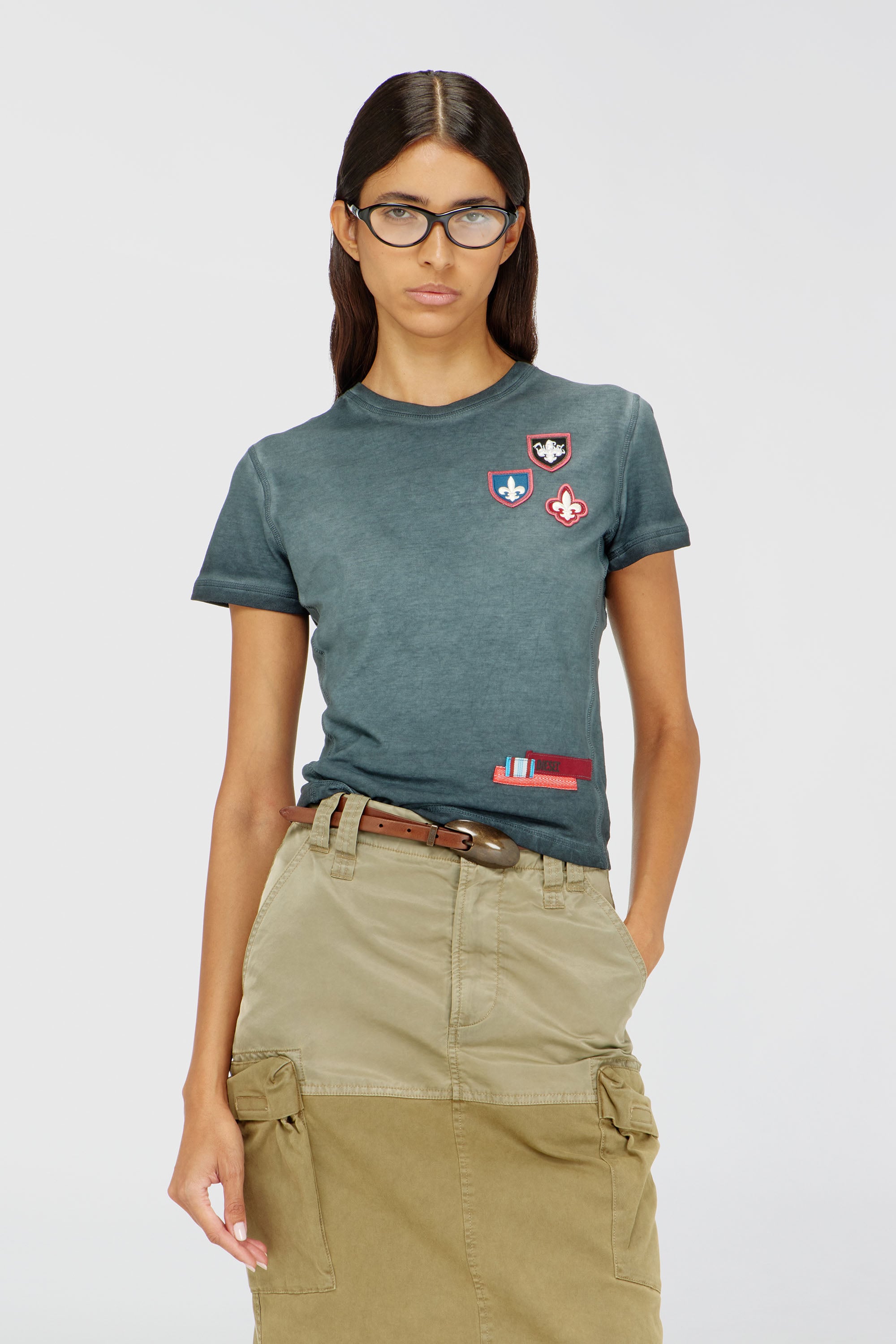 Diesel - T-UNCUTY-WAF, Camiseta con parches y laterales de micro waffle Mujer in Verde - 1