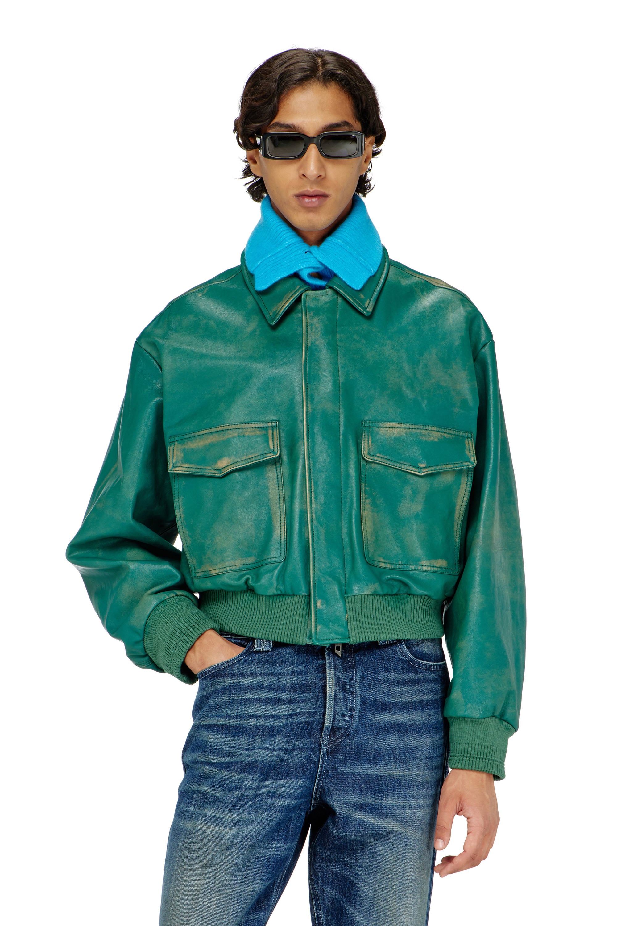 Diesel - L-UMAN, Chaqueta aviador de cuero tratado Hombre in Verde - 1