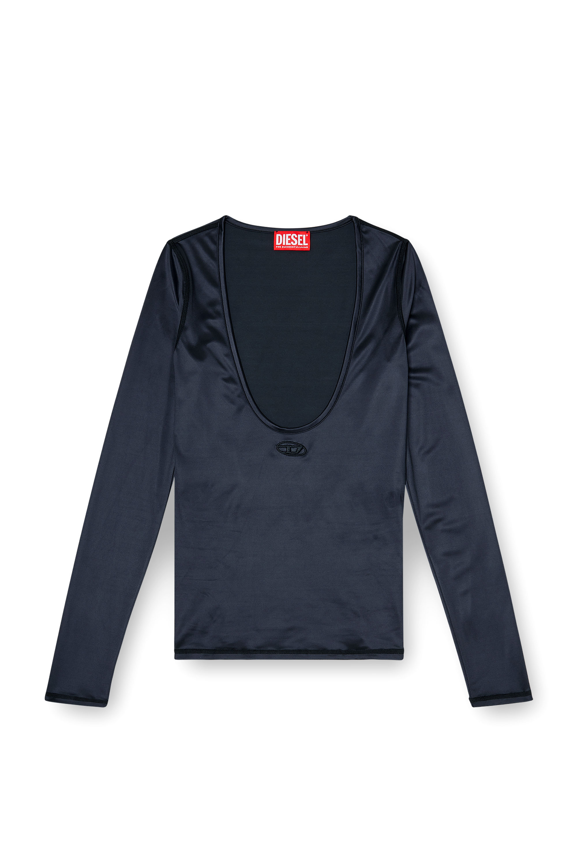 Diesel - T-ELPHIN-LS, Top slim de nylon con escote redondo y Logo Oval D bordado Mujer in Negro - 3