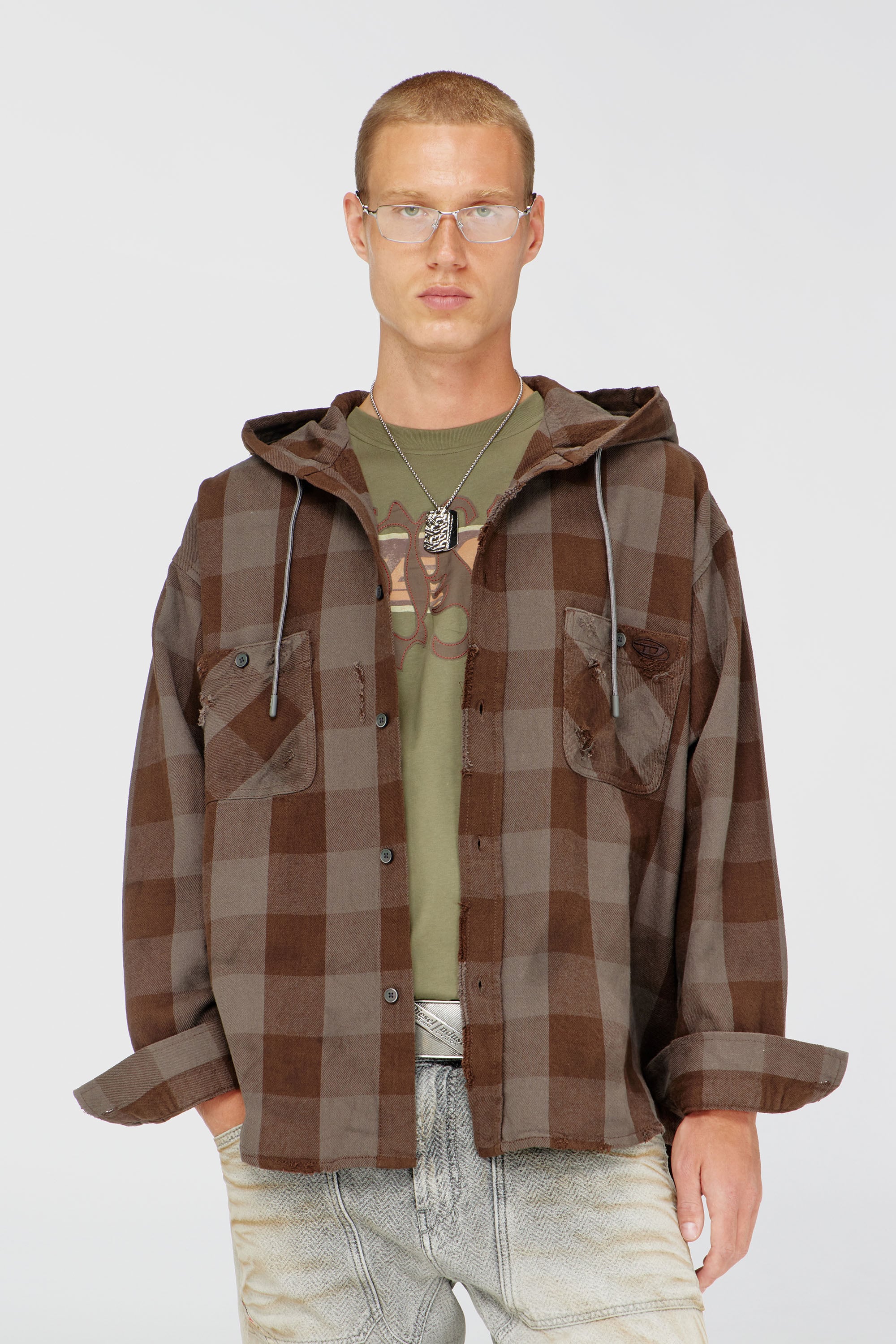 Diesel - S-DRUM-HOODY, Camisa con capucha efecto desgastado en franela de cuadros Hombre in Marr&oacute;n - 1