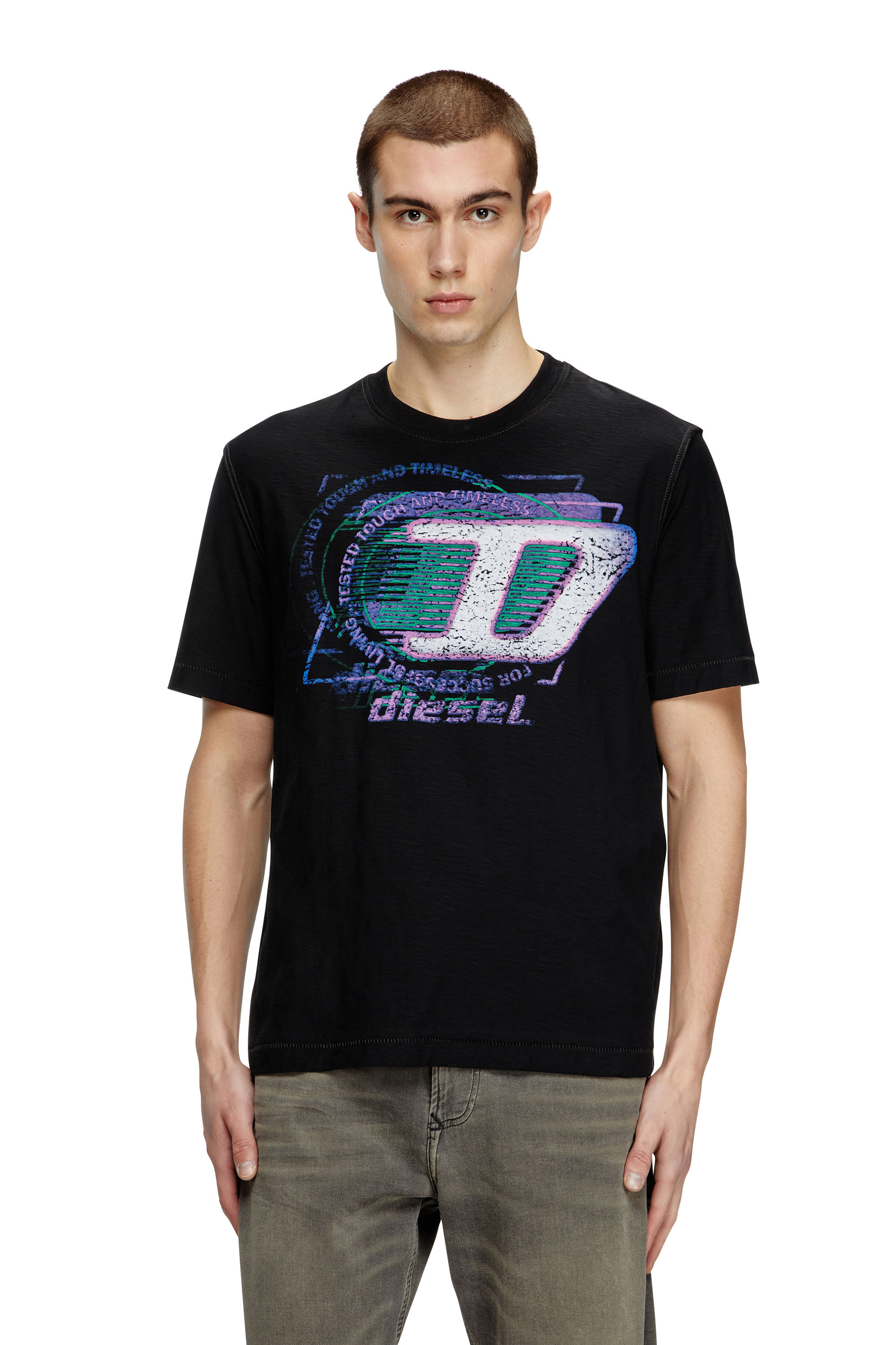 Diesel - T-ADJUST-R11, Camiseta de algodón slub con logotipo en relieve Hombre in Negro - 1