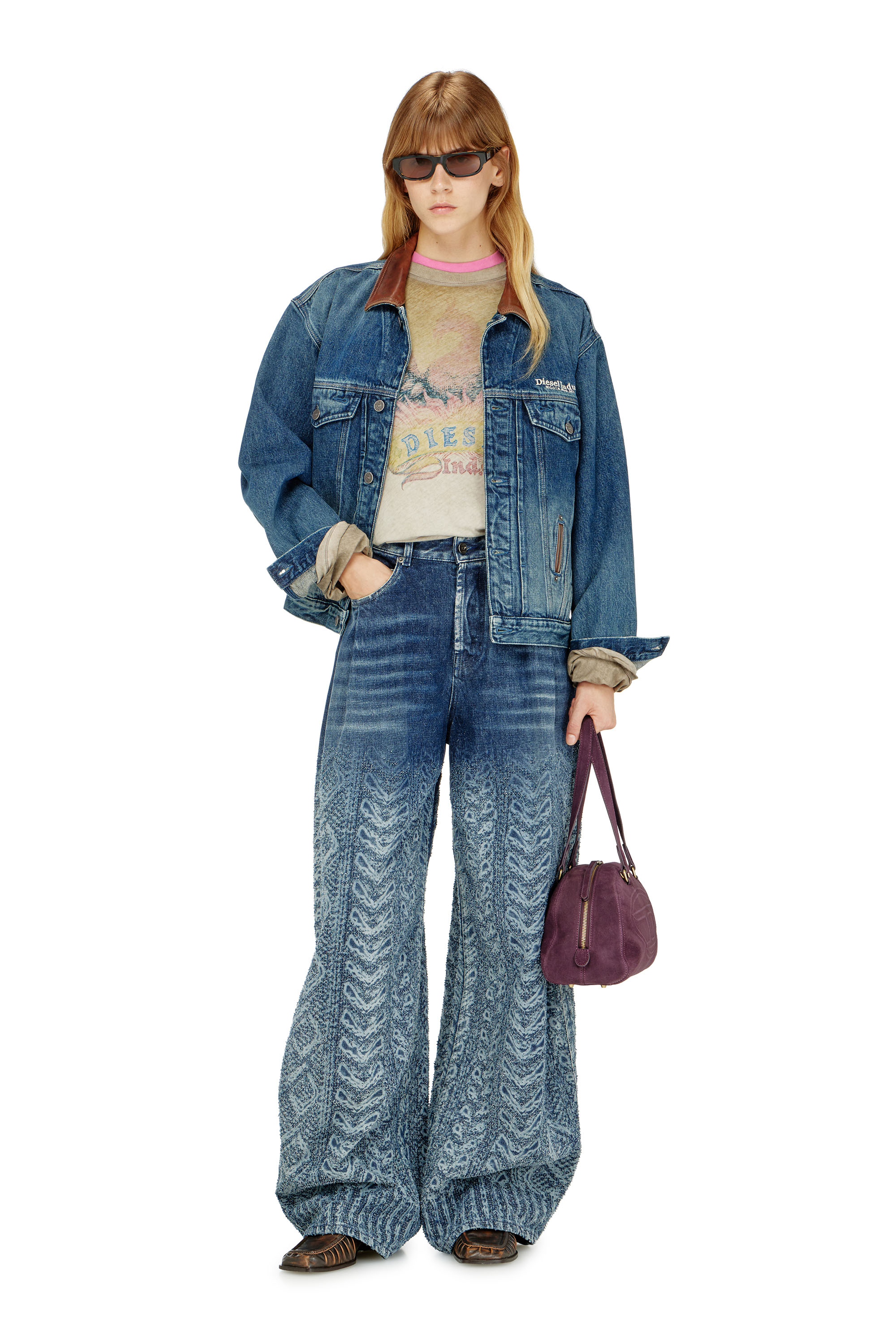 Diesel - D-DENVER-S1, Unisex's Denim trucker jacket with contrast leather trims in Blue - 4