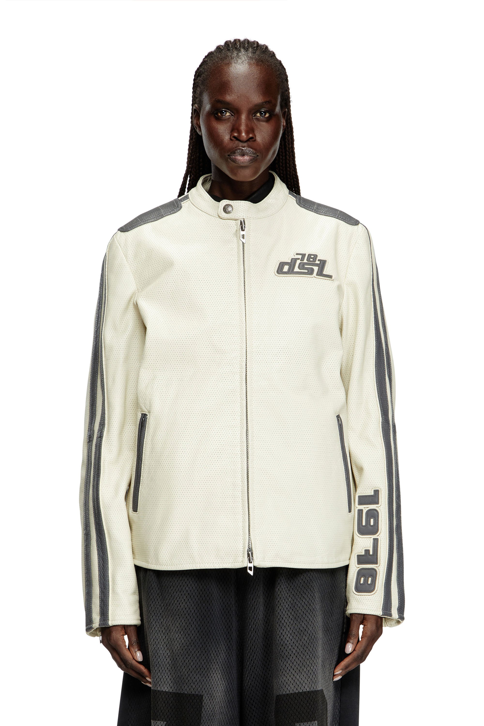 Diesel - L-POP, Chaqueta de motorista de cuero perforado Unisex in Blanco - 6