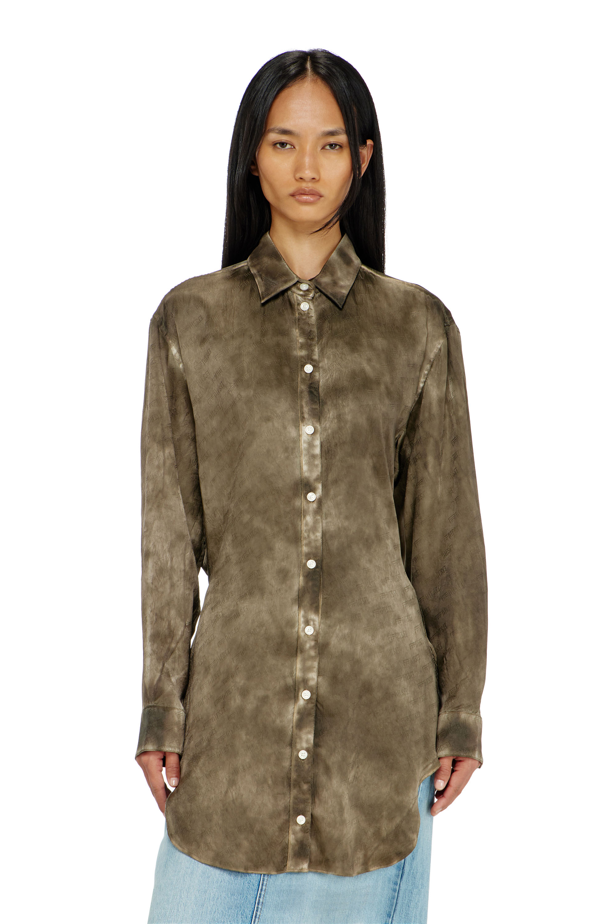 Diesel - C-LAVEL, Camisa larga de sat&eacute;n arrugado jacquard con logo Mujer in ToBeDefined - 5