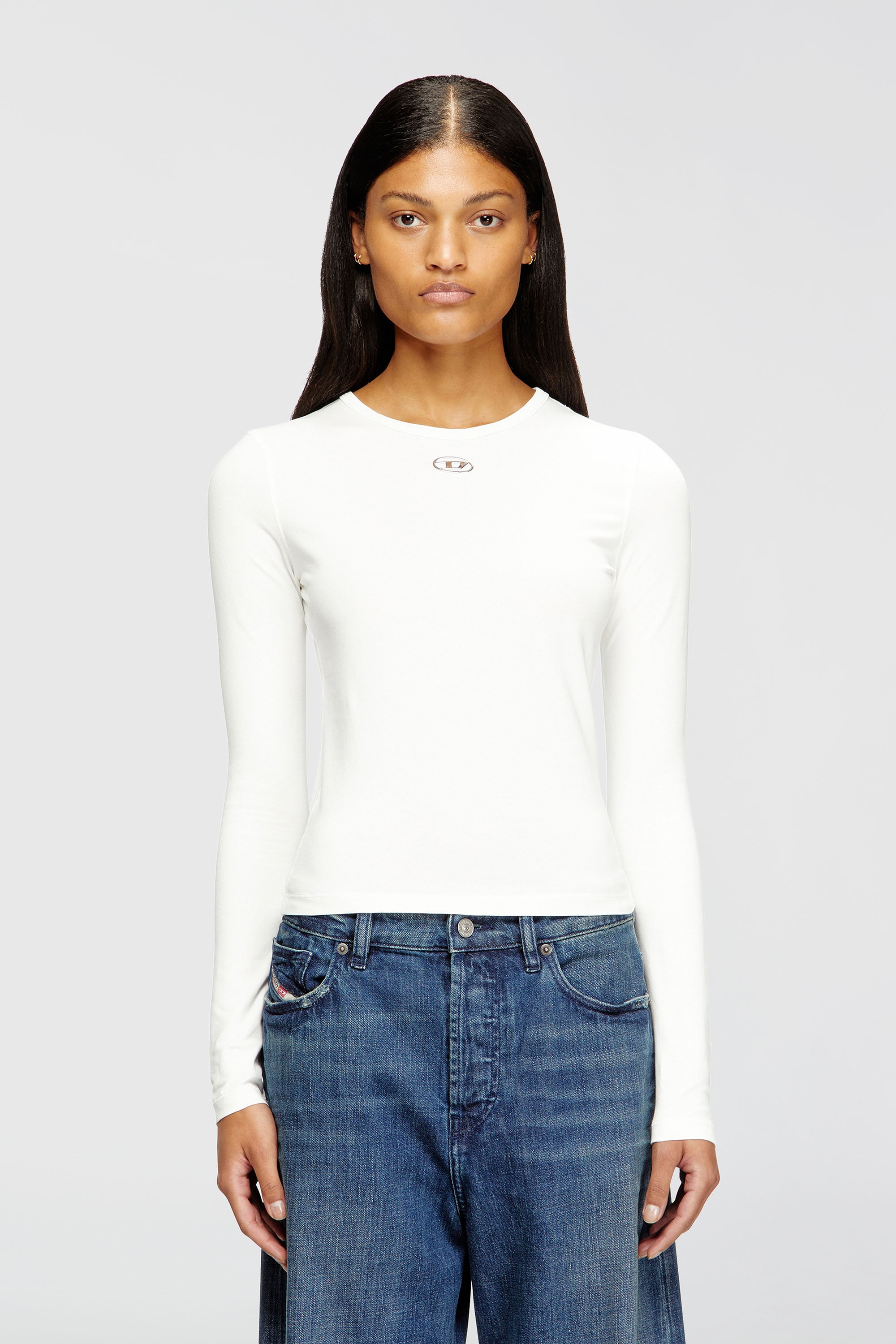 Diesel - T-UNCUTIESLONG-LS-OD, Jersey de algod&oacute;n con logotipo Oval D Mujer in Blanco - 1