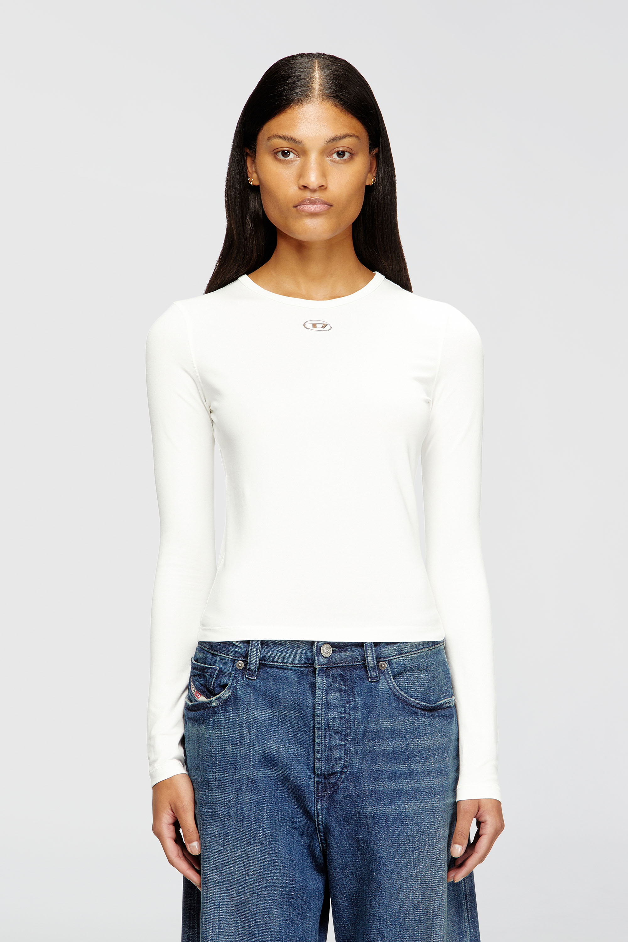 Diesel - T-UNCUTIESLONG-LS-OD, Jersey de algod&oacute;n con logotipo Oval D Mujer in Blanco - 3