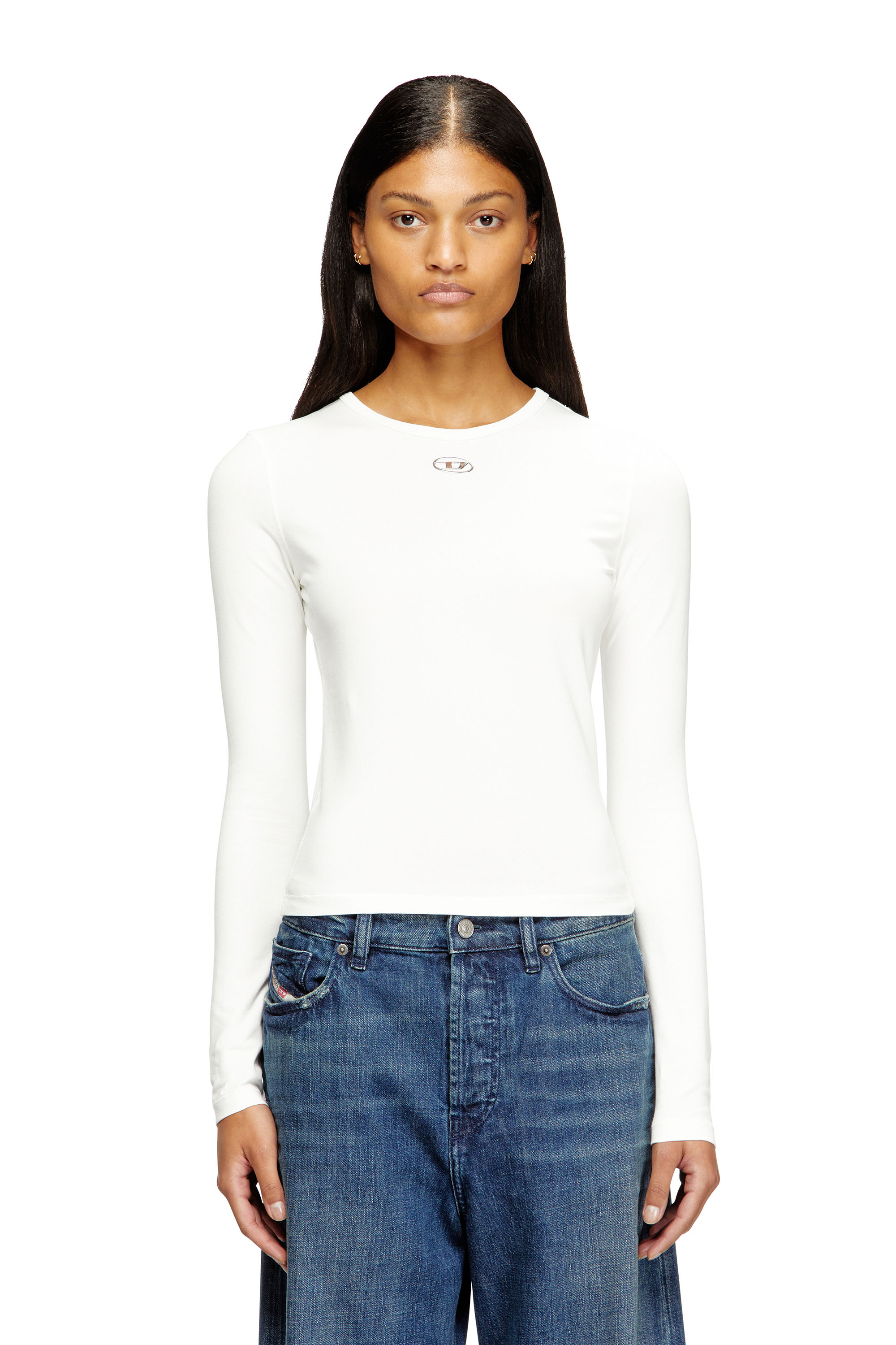 Diesel - T-UNCUTIESLONG-LS-OD, Jersey de algodón con logotipo Oval D Mujer in Blanco - 1