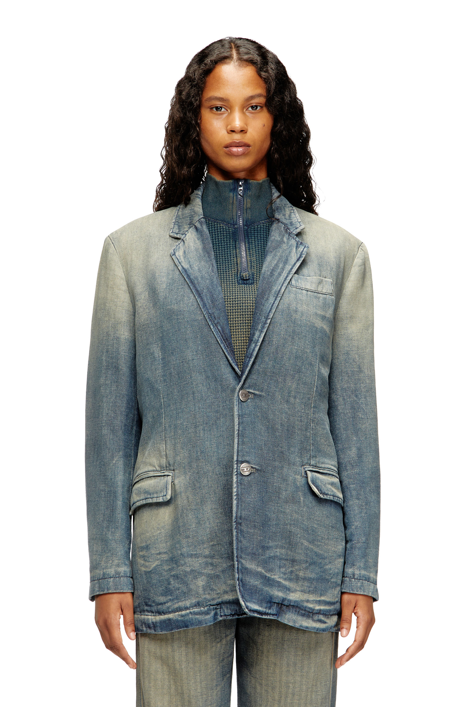 Diesel - D-REGER-D, Chaqueta modelo blazer en denim de espiga con efecto sucio Unisex in Multicolor - 2