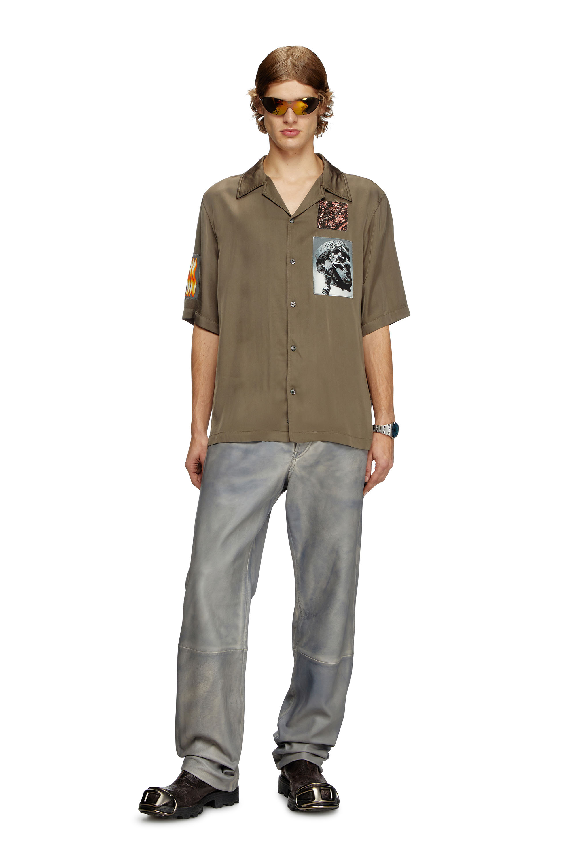 Diesel - S-DAXHE, Man's Short-sleeve satin shirt with patches in Military Green - 2