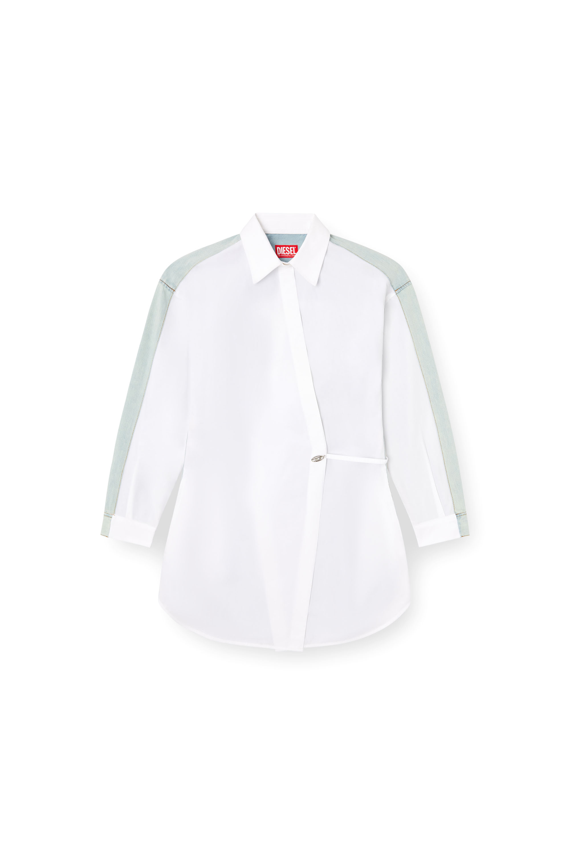 Diesel - D-ELPHI-DEN, Vestido camisero envolvente en popel&iacute;n y denim Mujer in Blanco - 2