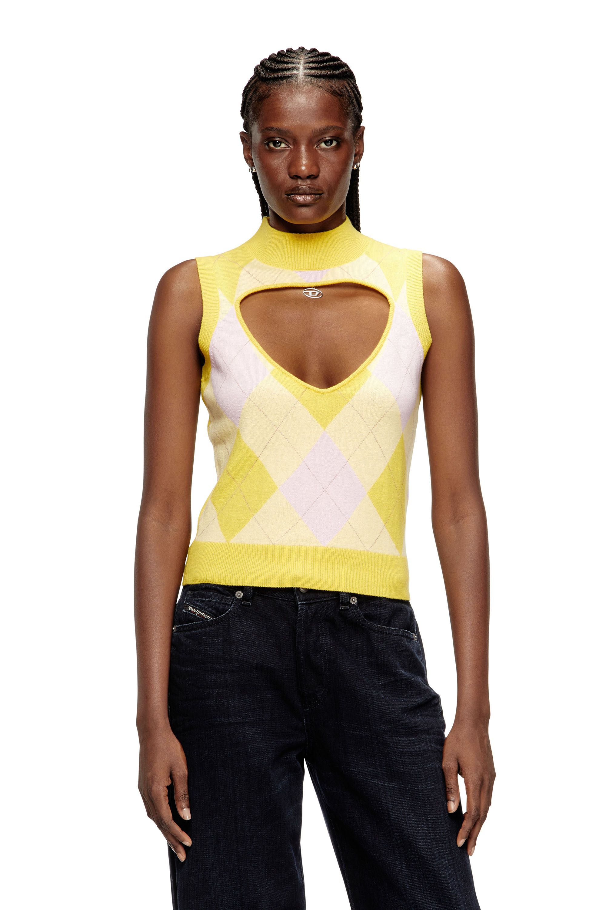 Diesel - M-ROMKO-SL, Chaleco de cuello alto con recortes en lana argyle Mujer in Amarillo - 3