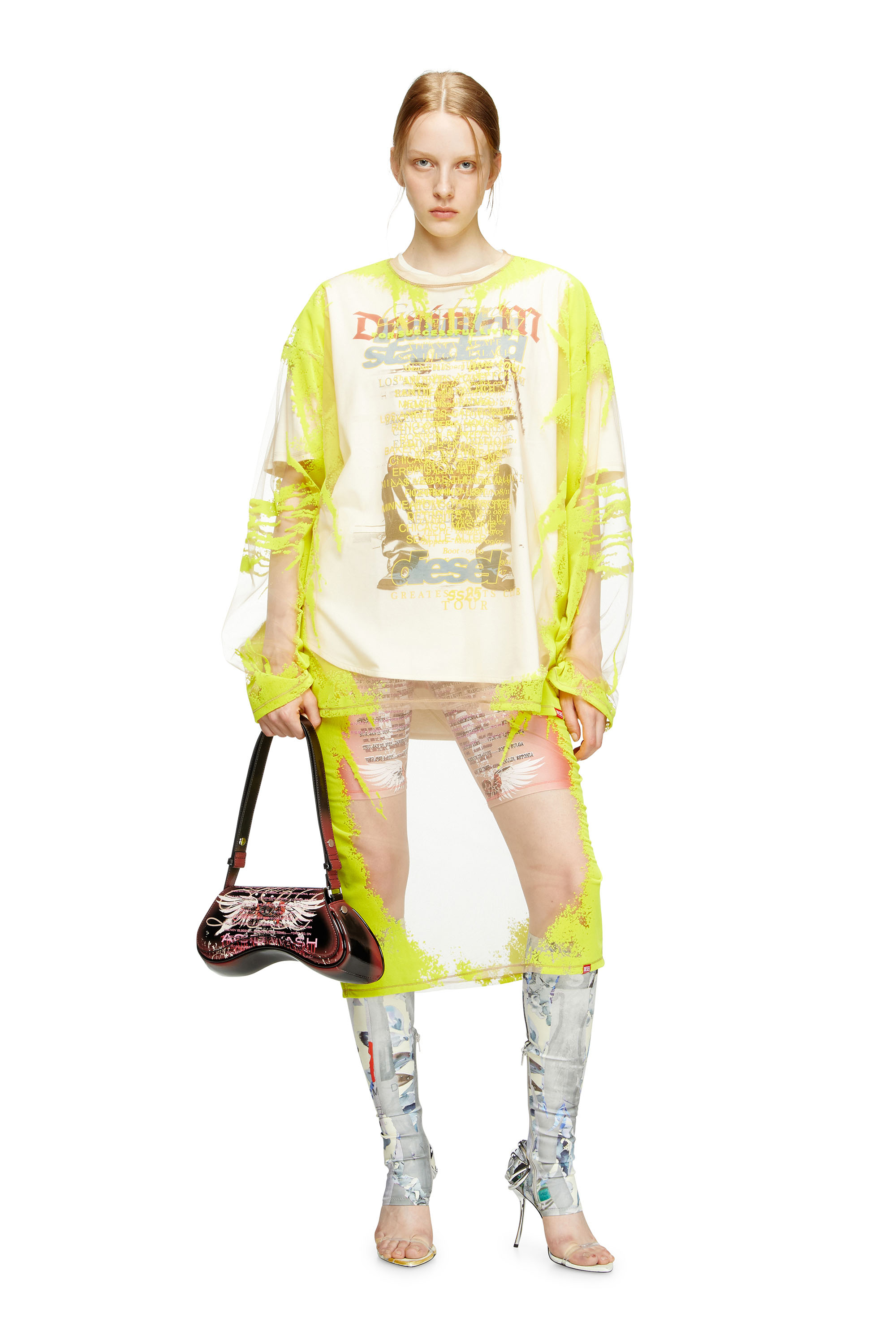 Diesel - O-LYAC, Falda midi con estampado de letras de canciones a capas Mujer in Multicolor - 1