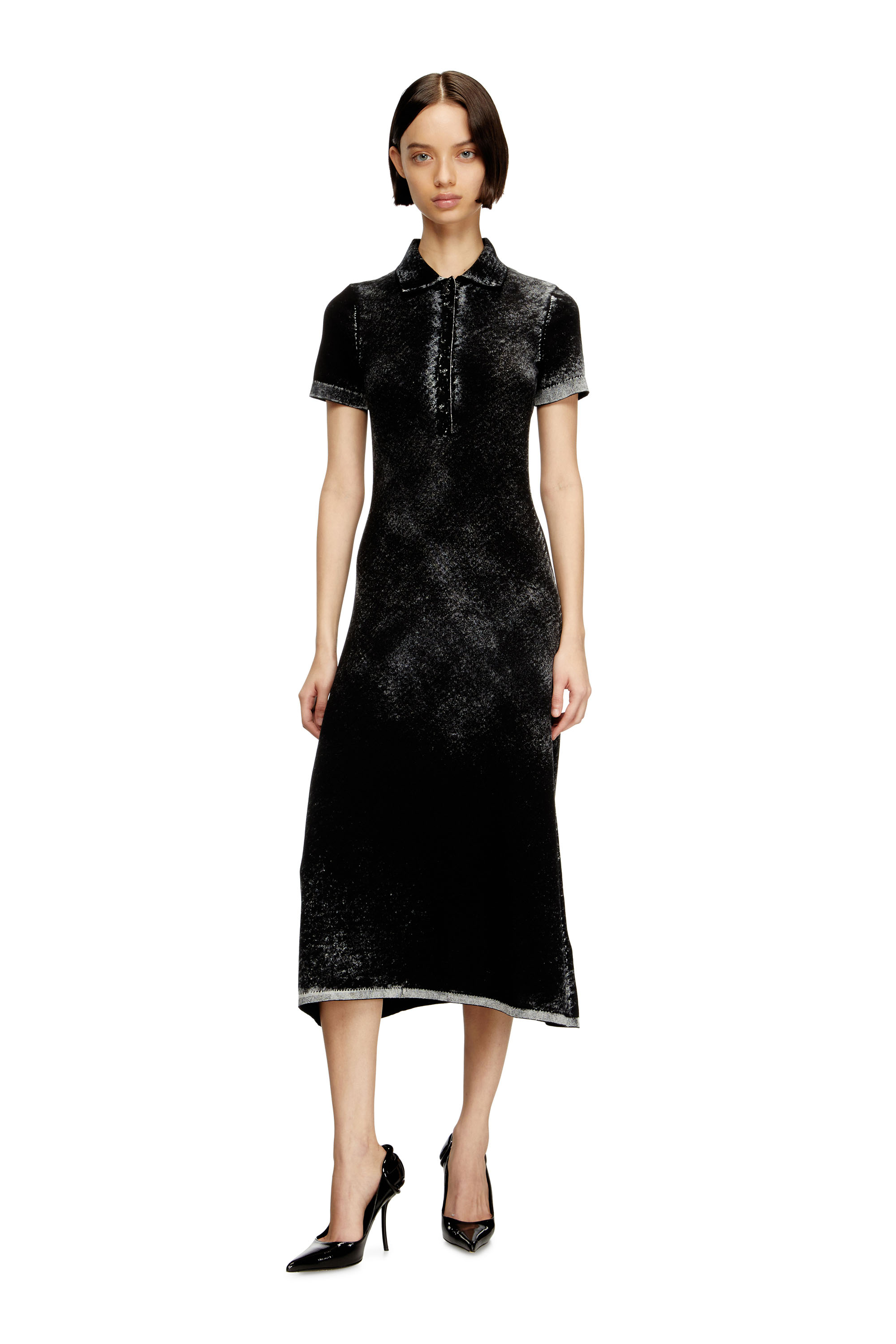 Diesel - M-LOURENS, Vestido polo midi en tejido de punto con estampado inverso Mujer in Negro - 2