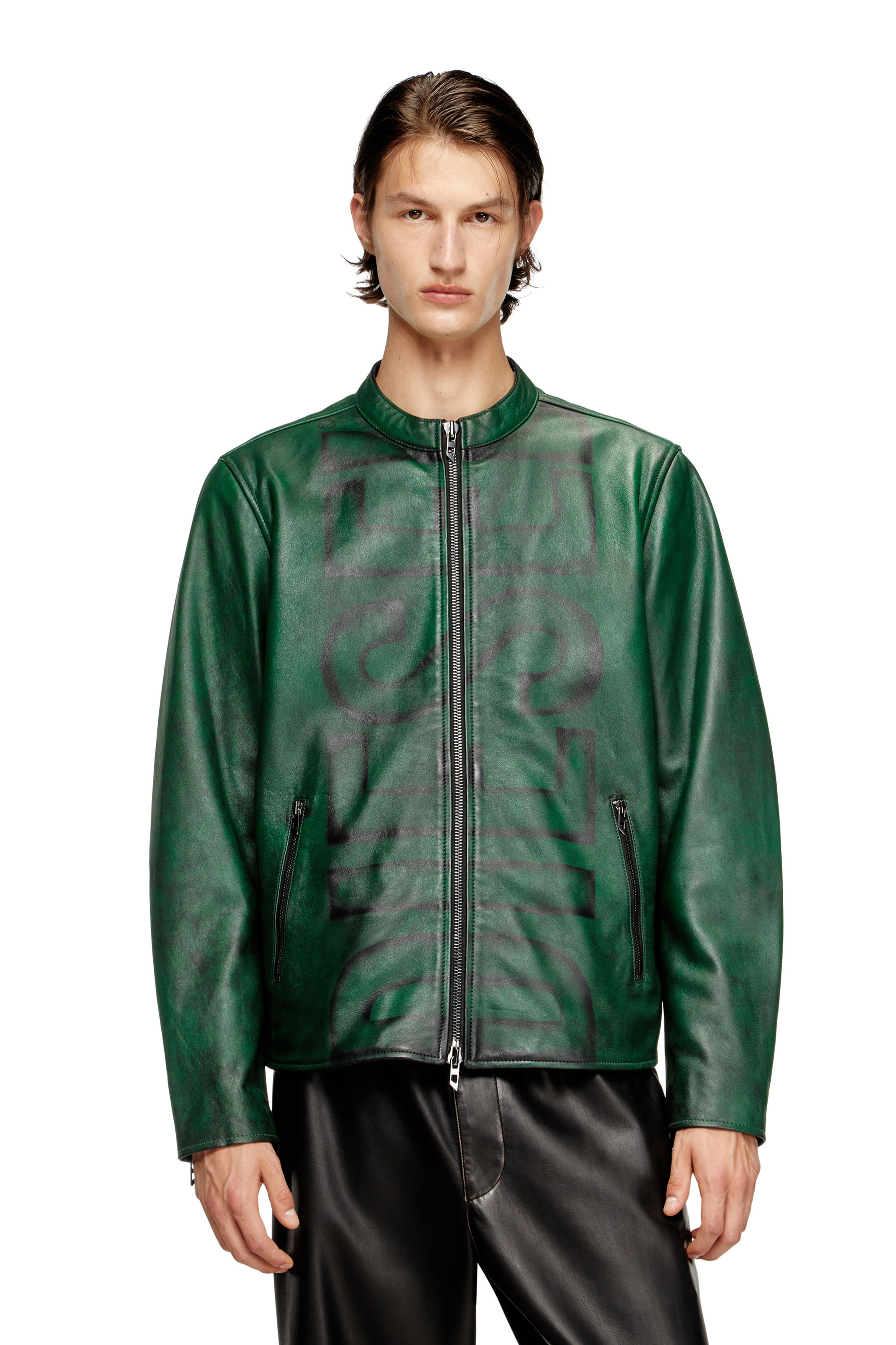 Diesel - L-EVERT-A, Chaqueta biker de cuero tratado con logotipo desteñido Hombre in Verde - 1