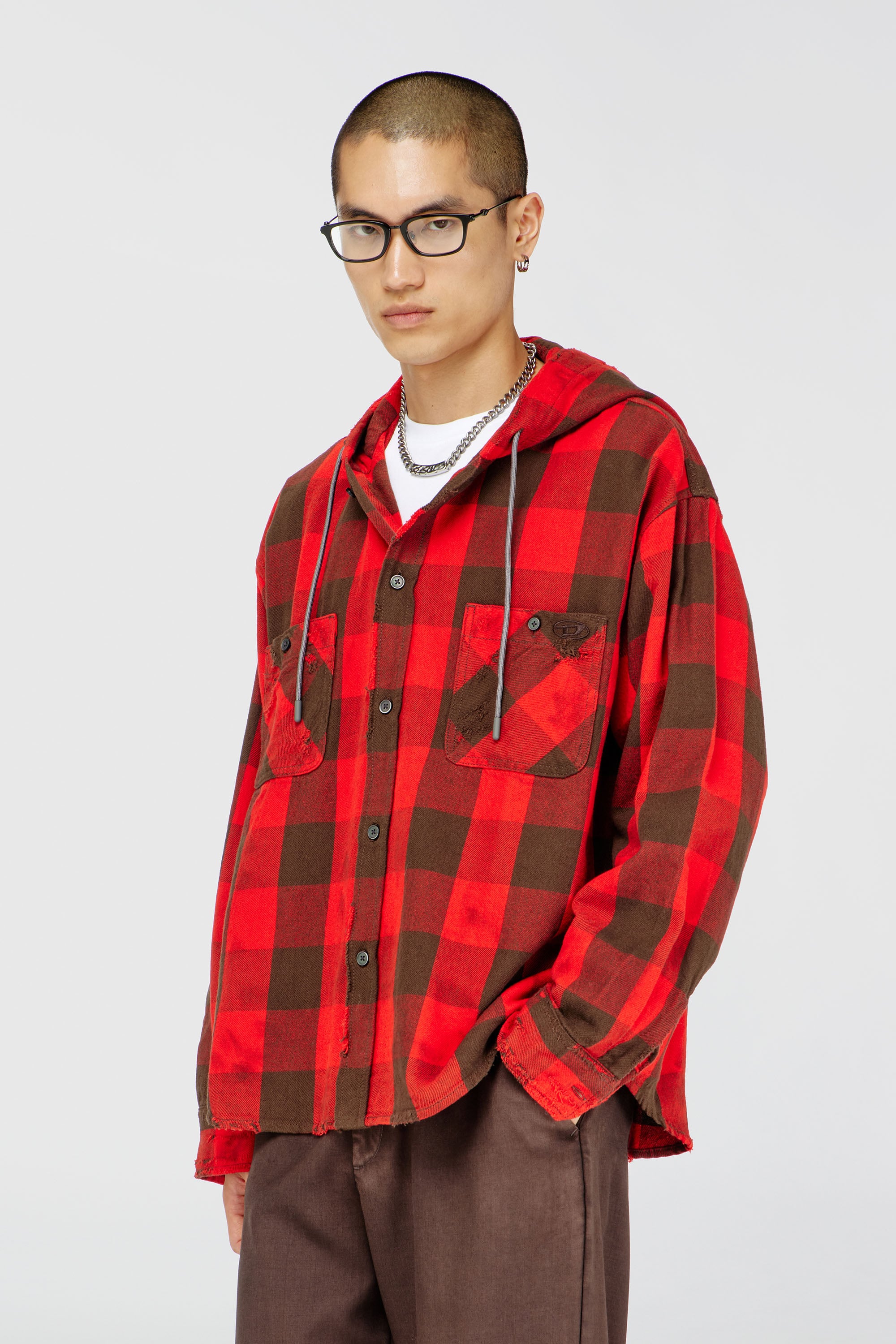 Diesel - S-DRUM-HOODY, Camisa con capucha efecto desgastado en franela de cuadros Hombre in Multicolor - 1