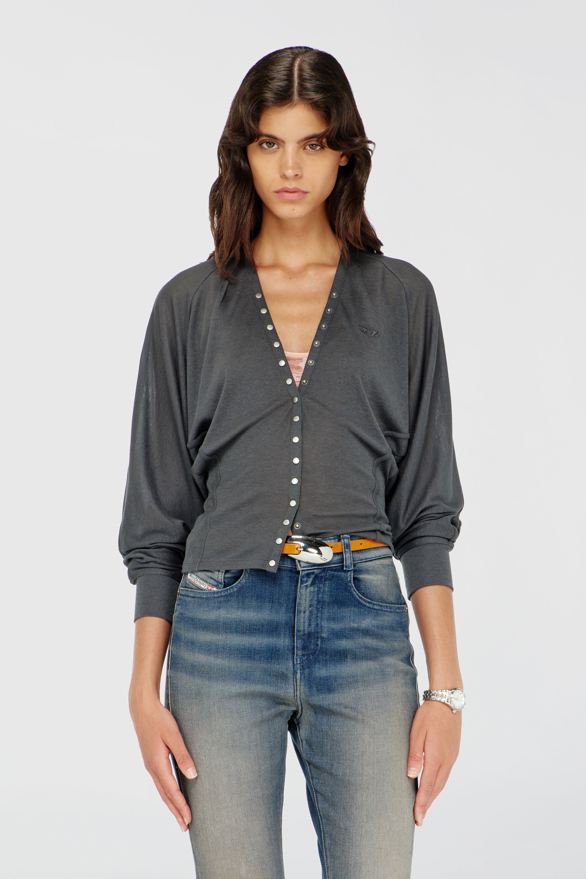 Diesel - T-ISERINA, C&aacute;rdigan de mezcla de Tencel con mangas murci&eacute;lago Mujer in Gris - 1
