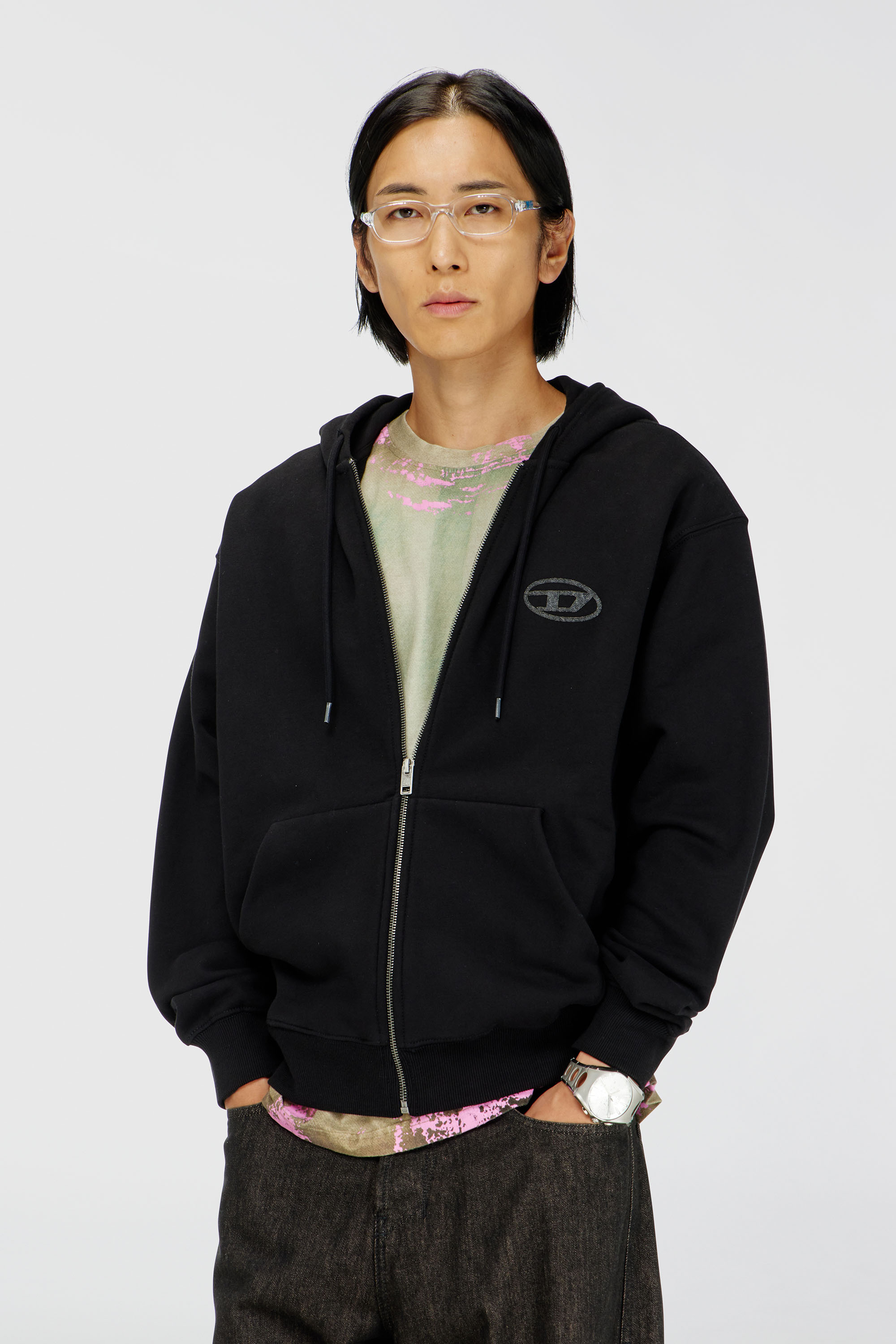 Diesel - S-LUK-HZ-T92, Sudadera con capucha de algod&oacute;n con bordado del logotipo Oval D tono sobre tono Hombre in Negro - 3