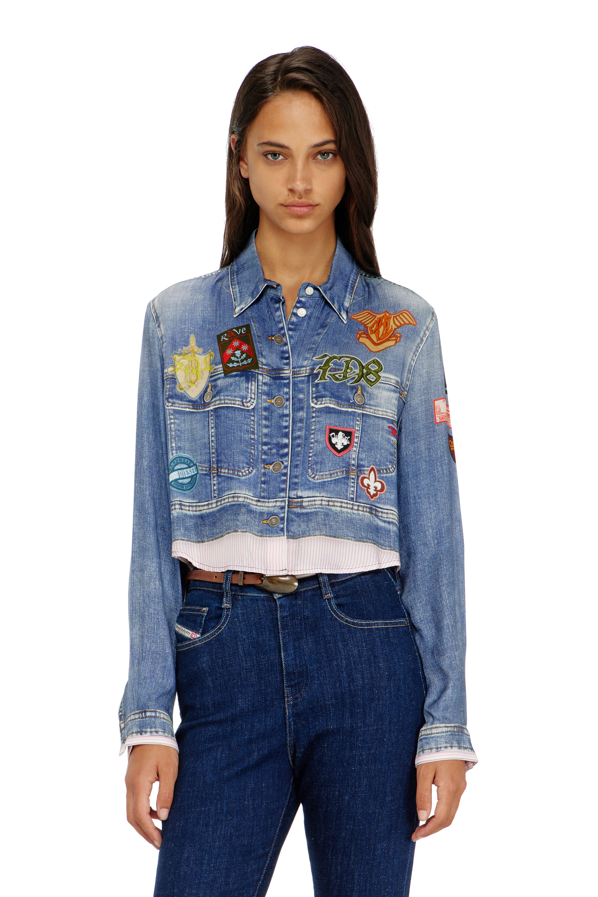 Diesel - C-LONE, Camisa cropped de sat&eacute;n con estampado denim trompe-l&rsquo;oeil Mujer in ToBeDefined - 1