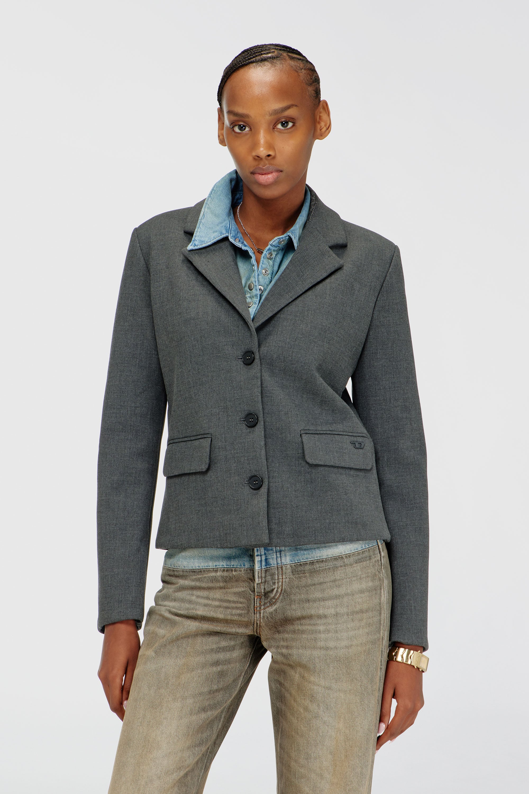Diesel - G-LINTY, Blazer corto con cuello ribeteado en denim Mujer in Gris - 1