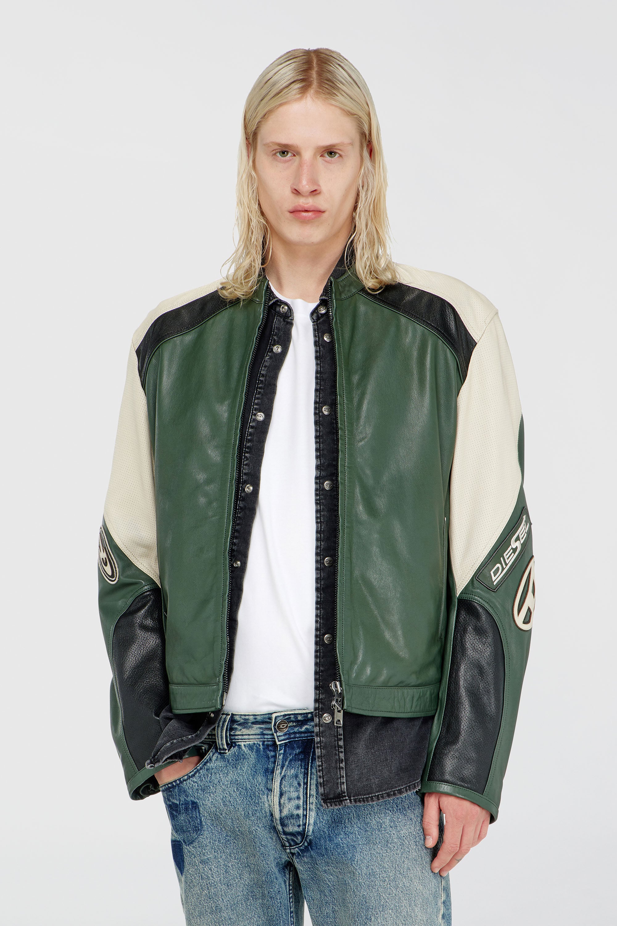 Diesel - L-AHTI, Cazadora biker de piel perforada en bloques de color Hombre in Multicolor - 1