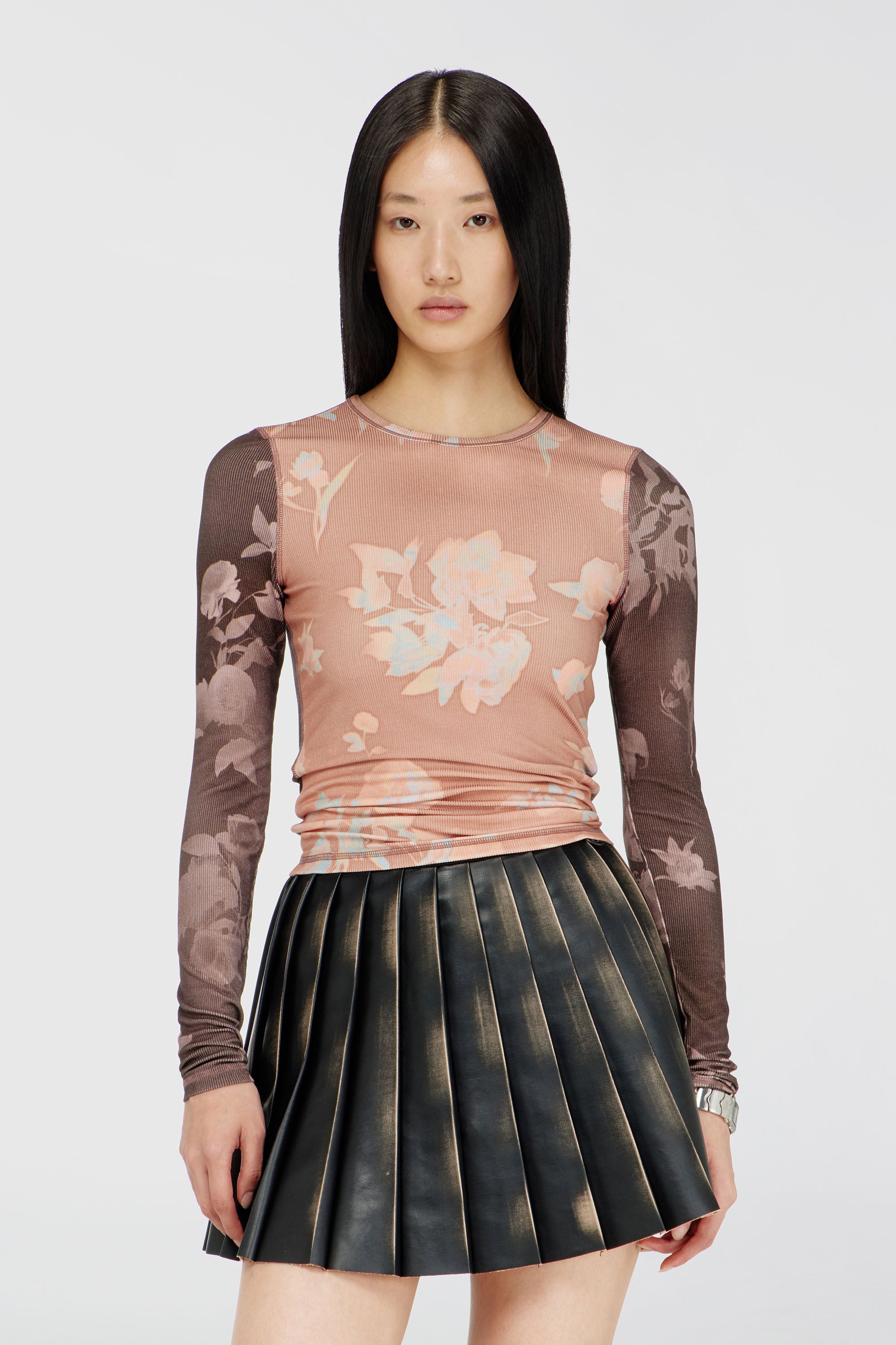 Diesel - T-MOKY-LS, Woman's Top in floral-print ribbed jersey in Pink/Brown - 3