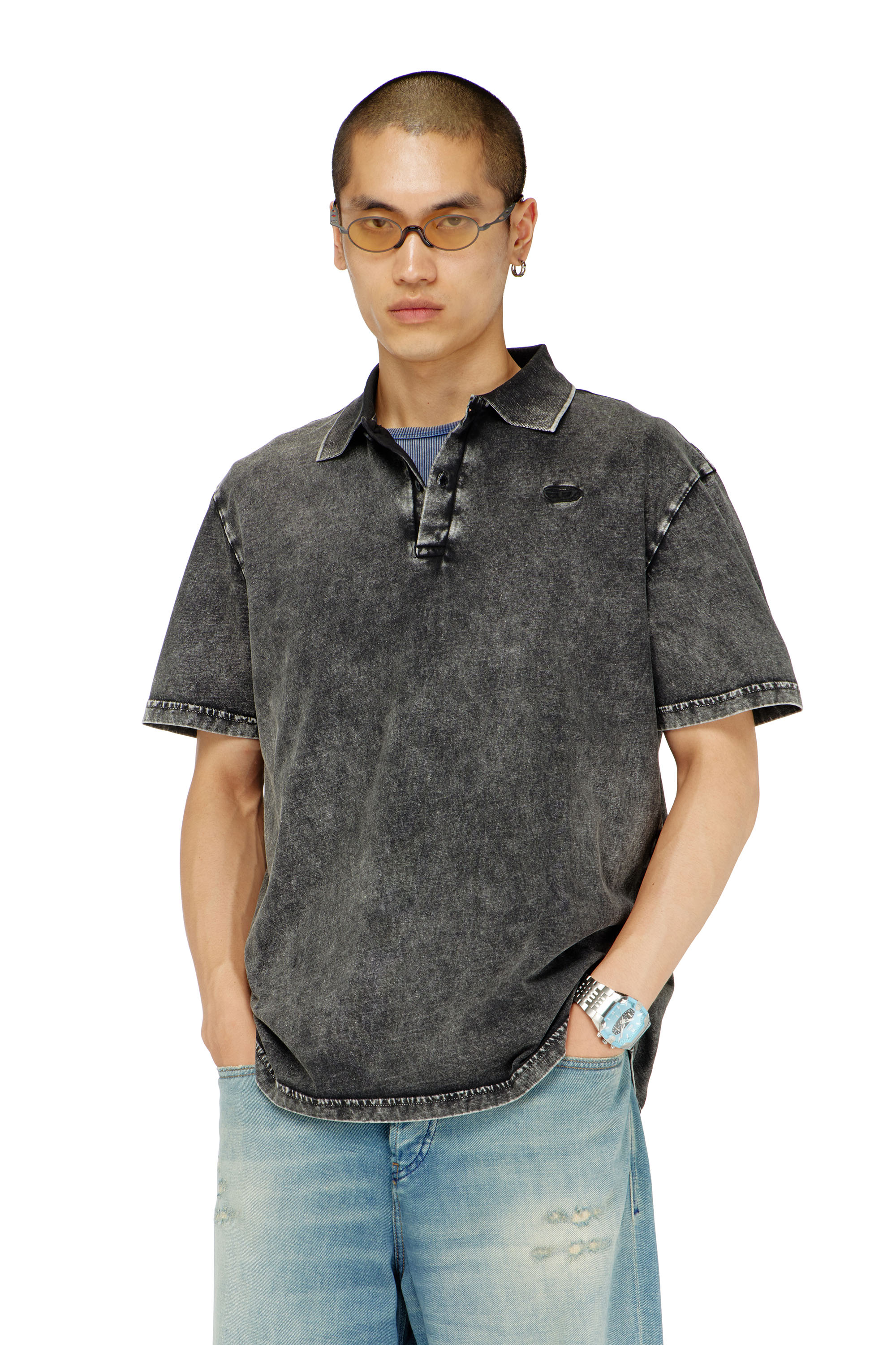 Diesel - T-REJUST-NC-DEN, Camiseta tipo polo en tejido de punto efecto denim Hombre in Gris - 1