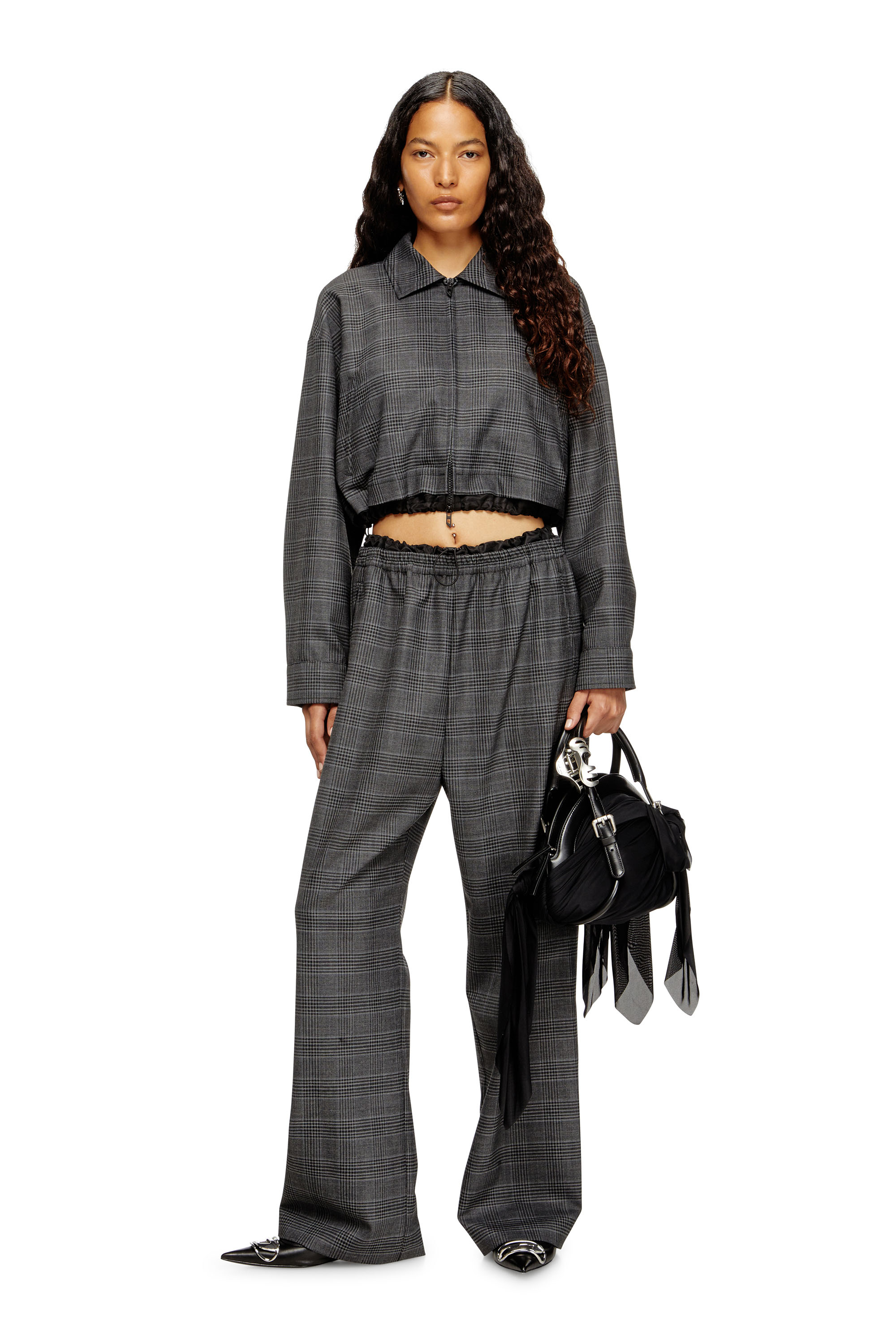 Diesel - J-TING-FEM, Chaqueta recortada estilo coach de mezcla de lana Príncipe de Gales Mujer in Negro - 2