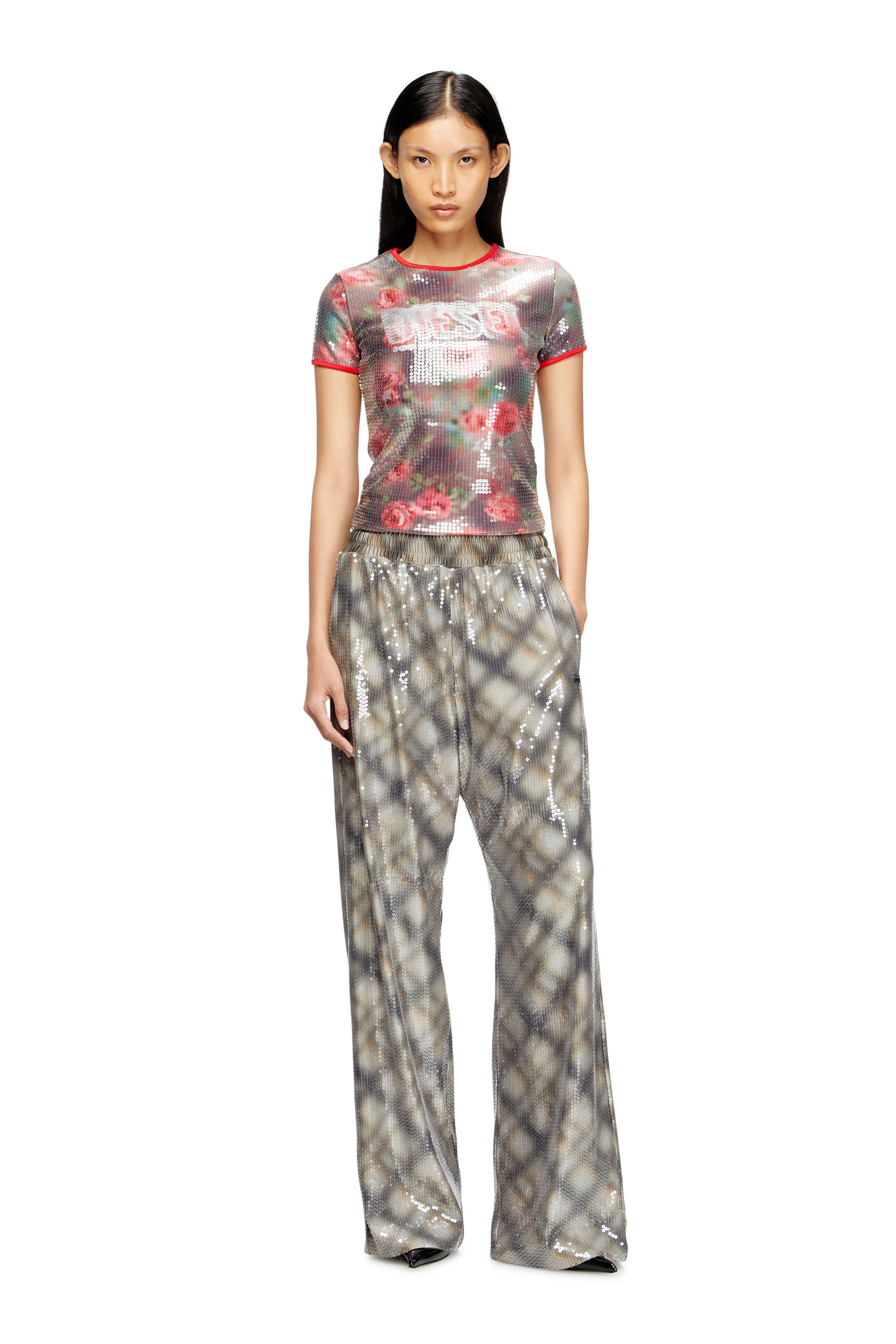 Diesel - T-UNKYEL, Top ajustado de jersey con estampado floral y lentejuelas Mujer in Multicolor - 2