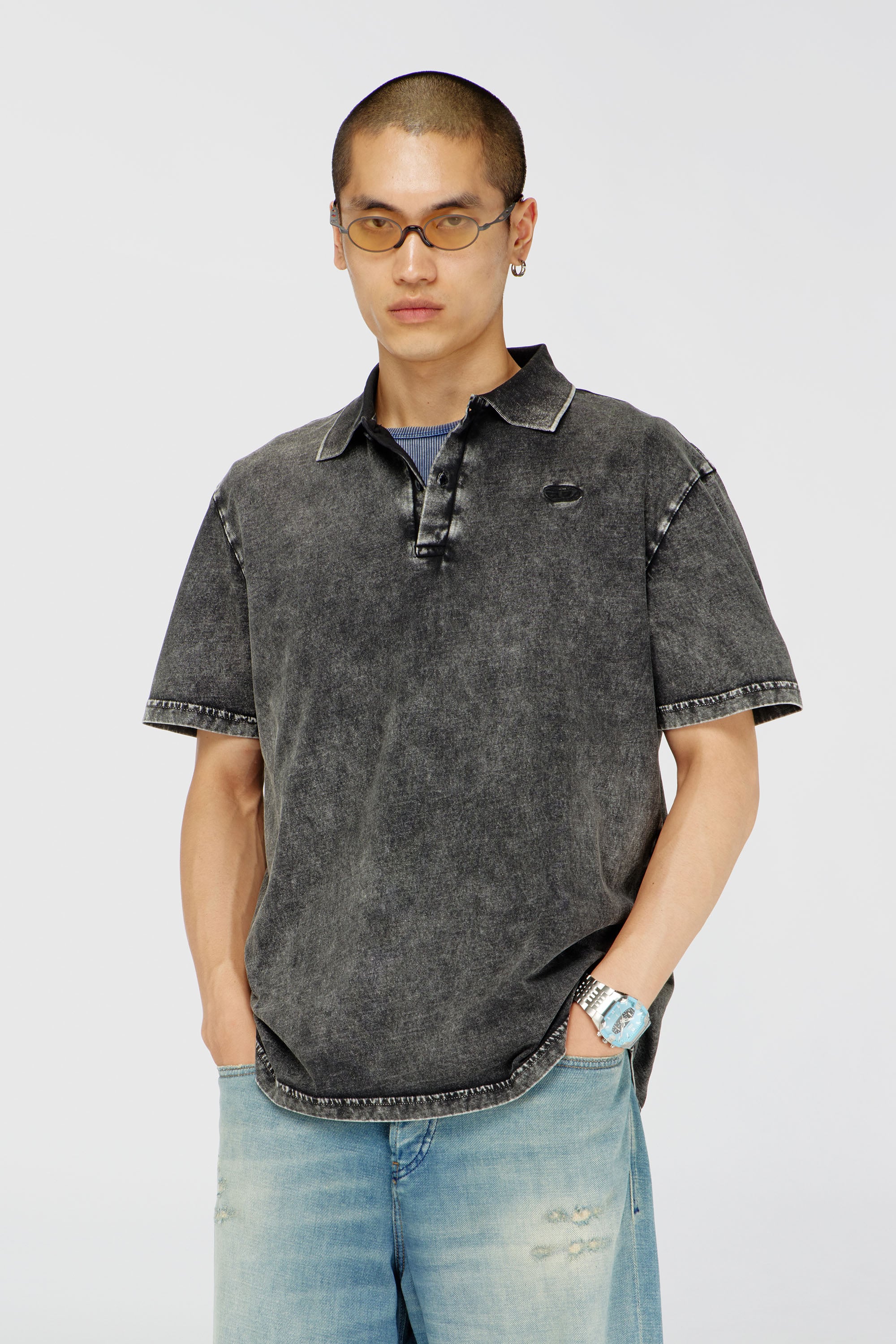 Diesel - T-REJUST-NC-DEN, Camiseta tipo polo en tejido de punto efecto denim Hombre in Gris - 1