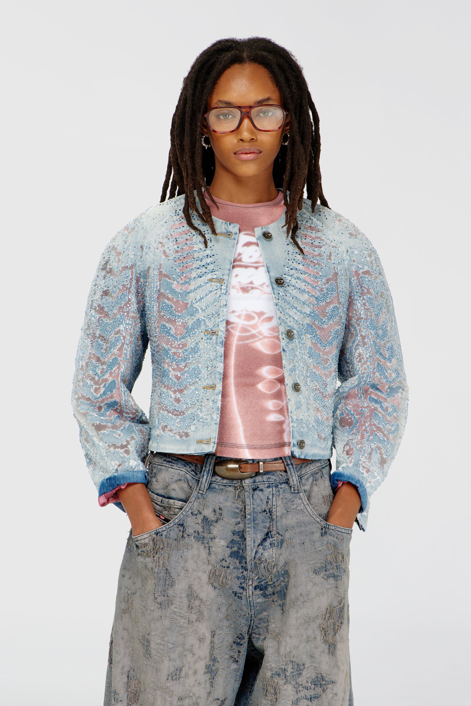 Diesel - DE-SOLIXIA-S, Chaqueta de denim microstone devor&eacute; Mujer in Azul marino - 1