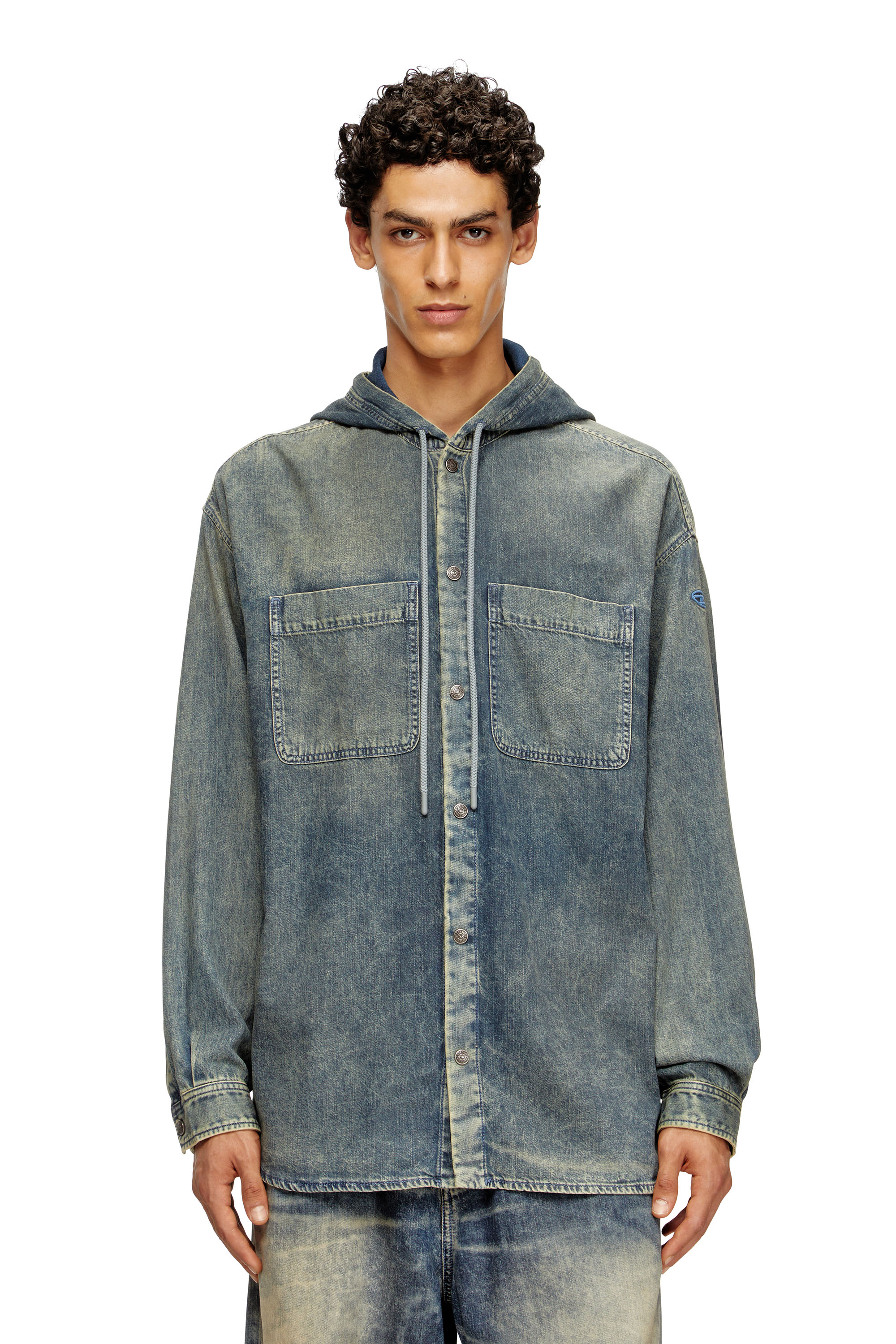 Diesel - D-DEWNY-HOOD-S2, Sobrecamisa en denim revestido marmoleado Hombre in Azul marino - 1