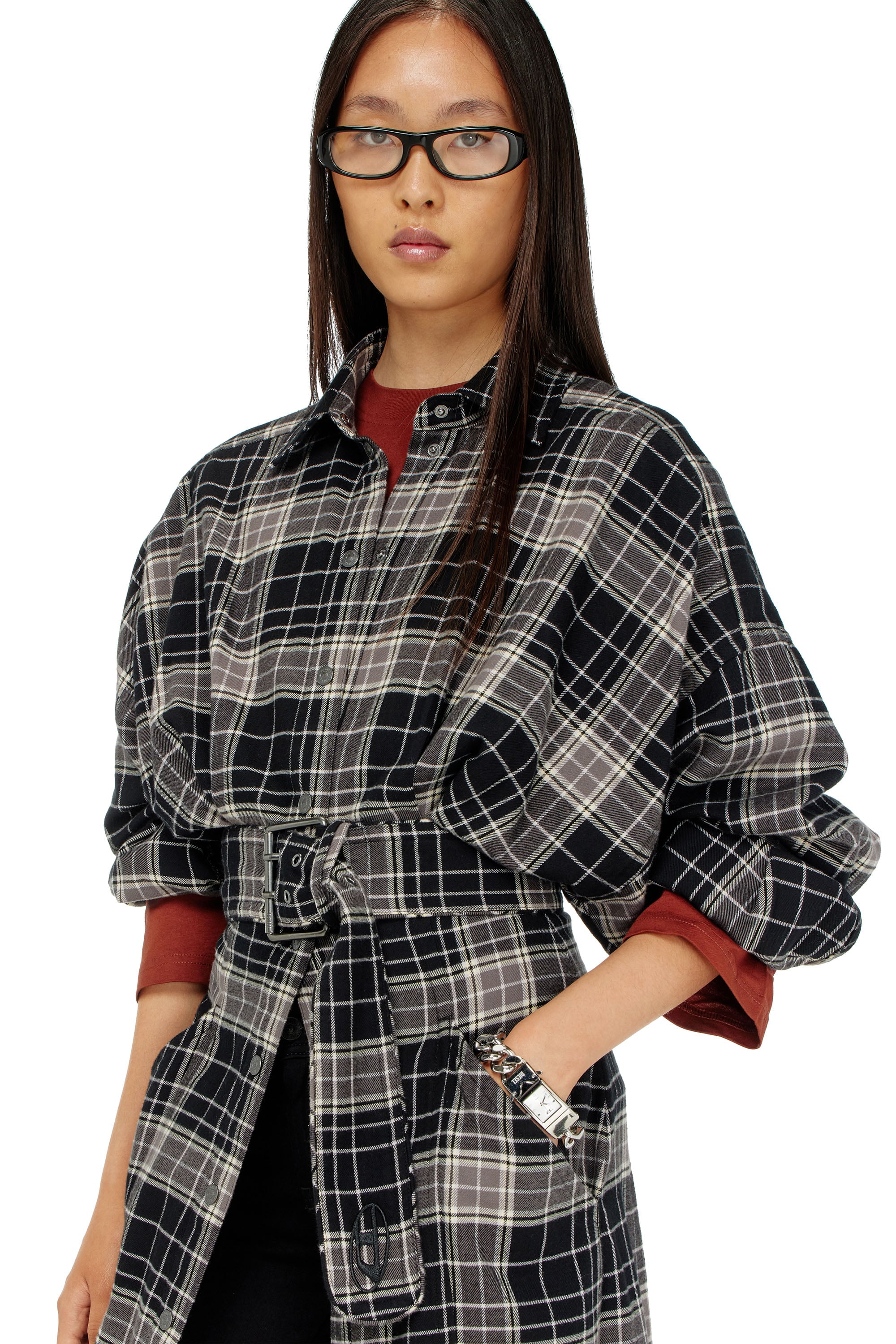 Diesel - D-EDALUS, Vestido midi de franela a cuadros con cintur&oacute;n ancho Mujer in Multicolor - 4