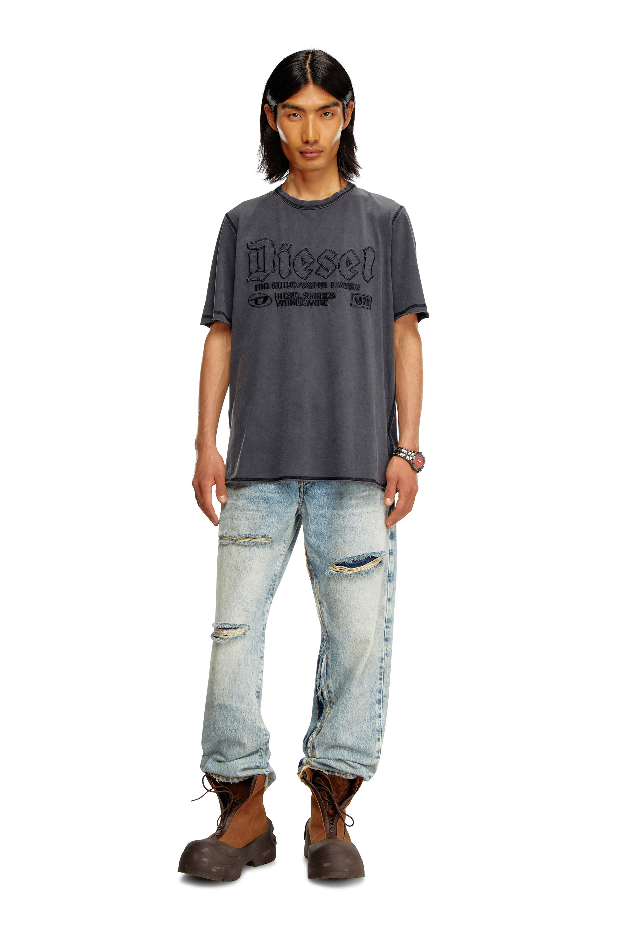Diesel - T-RAWJUST, Hombre Camiseta desteñida con bordado a tono in Negro - Image 2