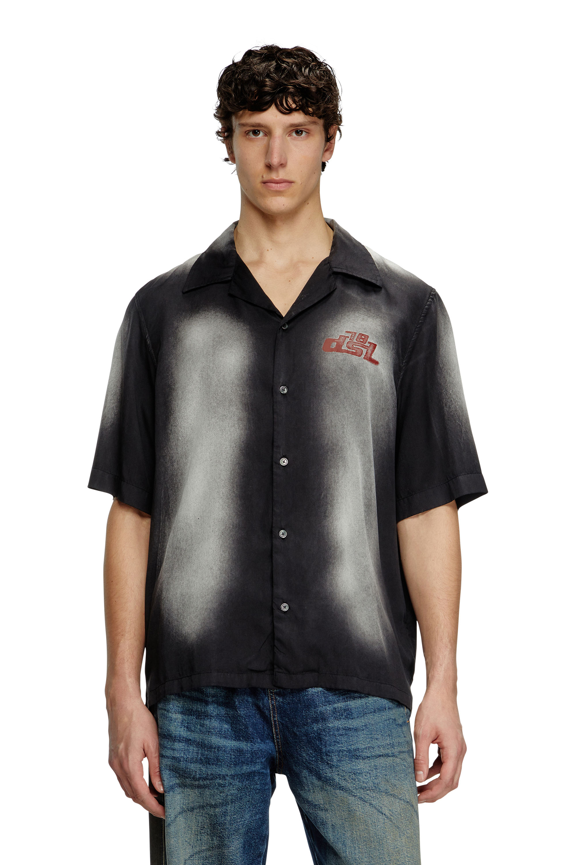 Diesel - S-ELLY, Camisa de bolos desteñida con estampados de logotipos Hombre in Negro - 1