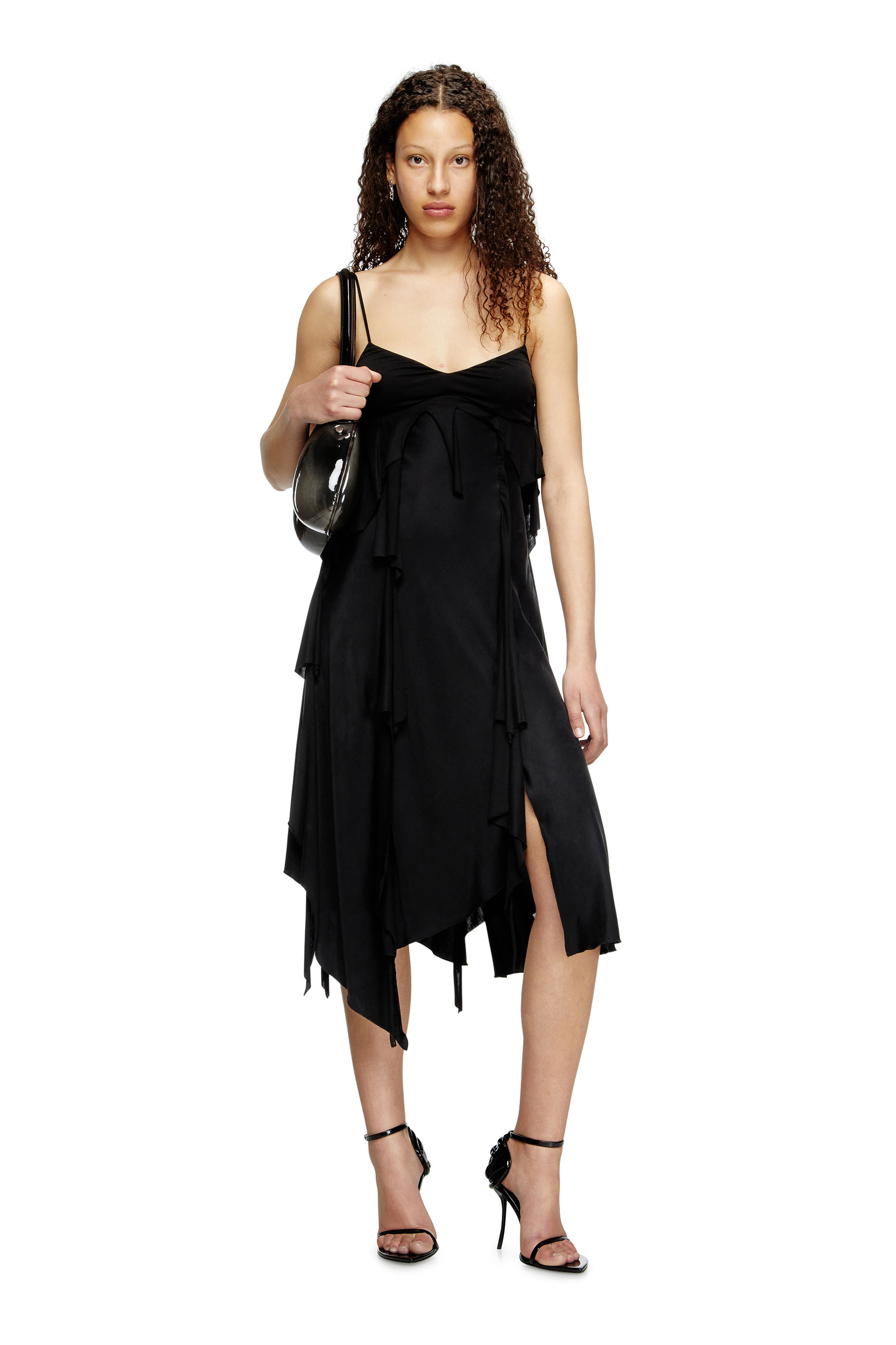 Diesel - D-ANCER, Vestido de satén con volantes de corte sin rematar Mujer in Negro - 1