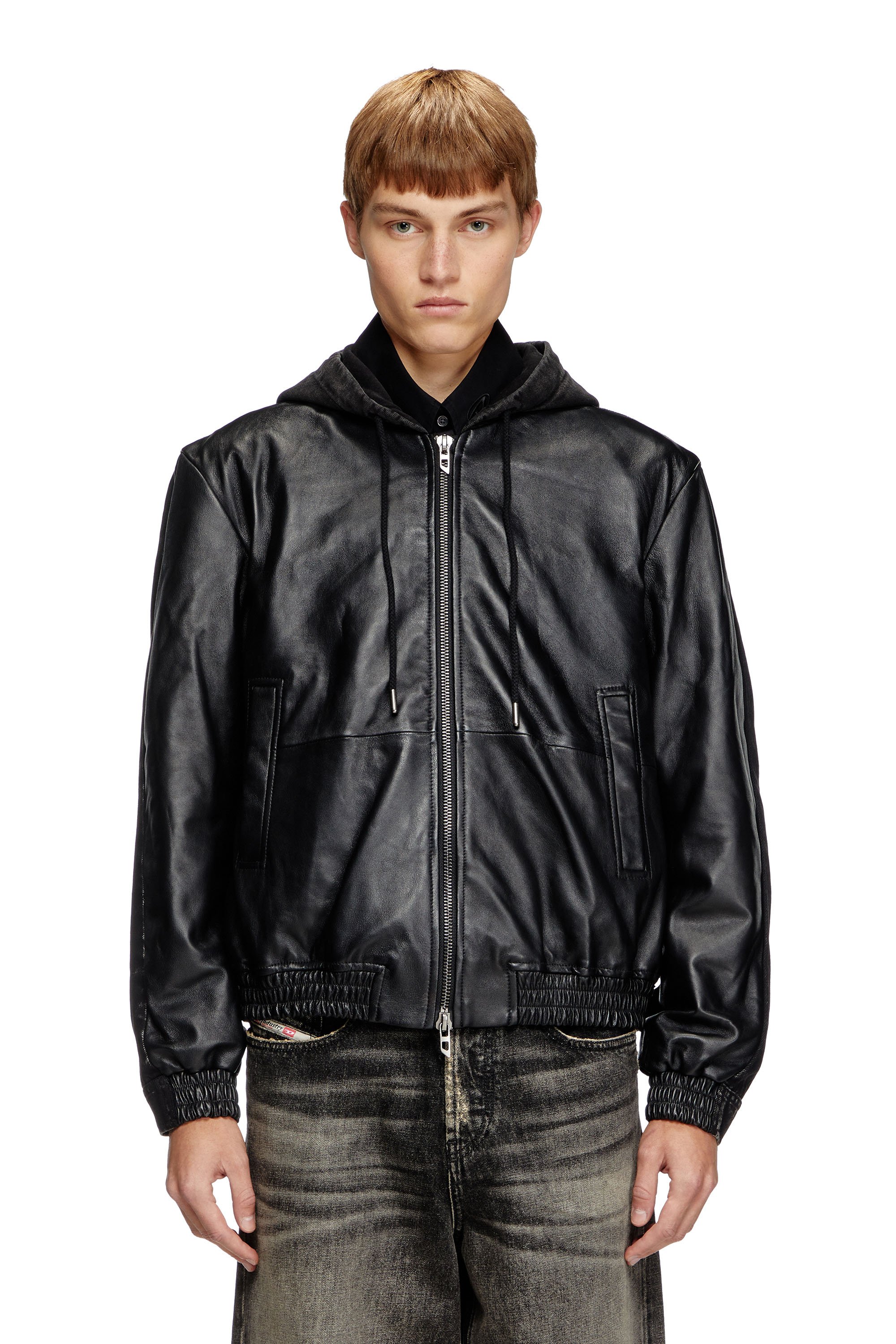 Diesel - L-OCHS, Chaqueta con capucha de cuero, algodón y denim Hombre in Negro - 1