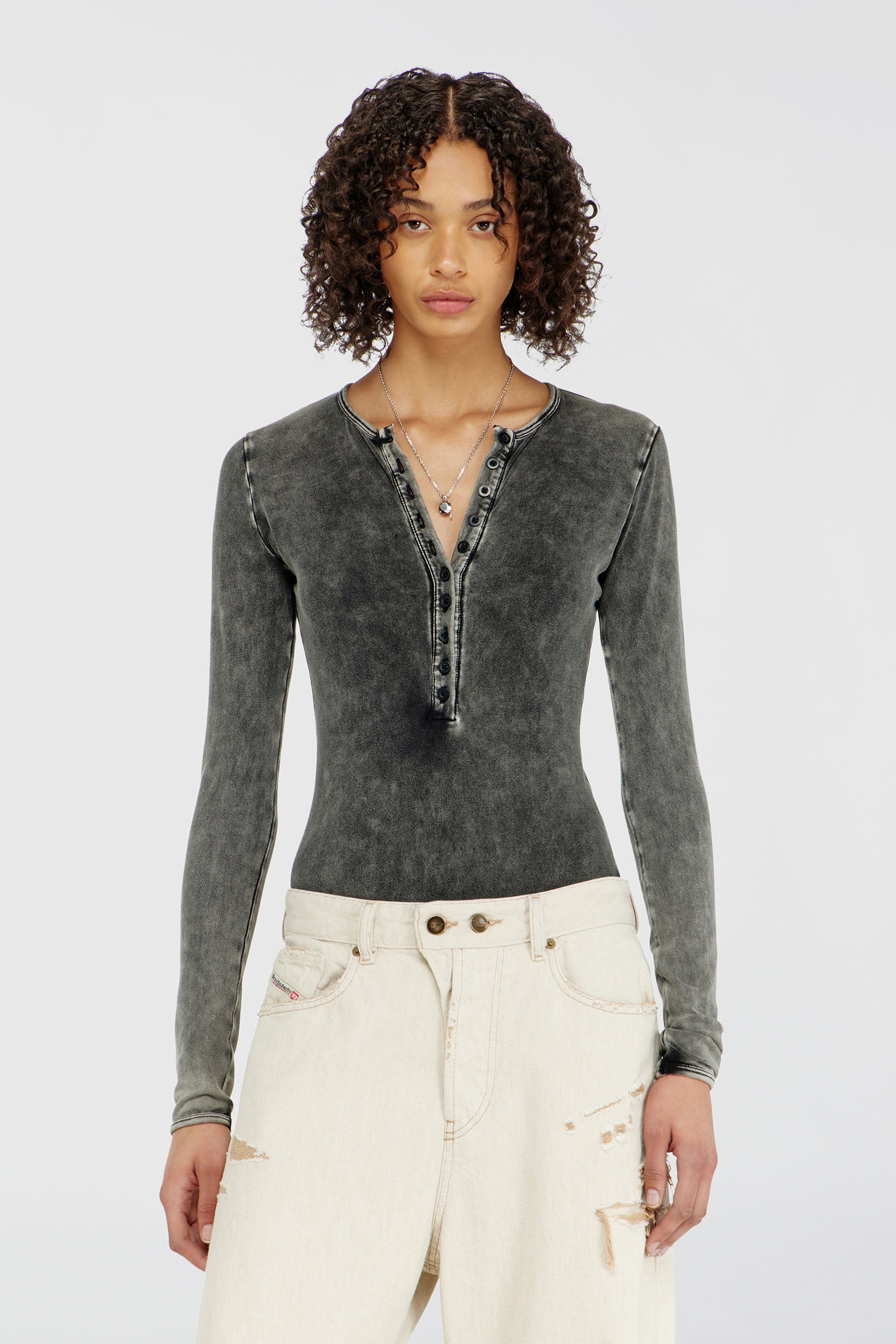 Diesel - FRESYA-DNM, Body de algod&oacute;n con cierre de botones delante Mujer in Gris - 1