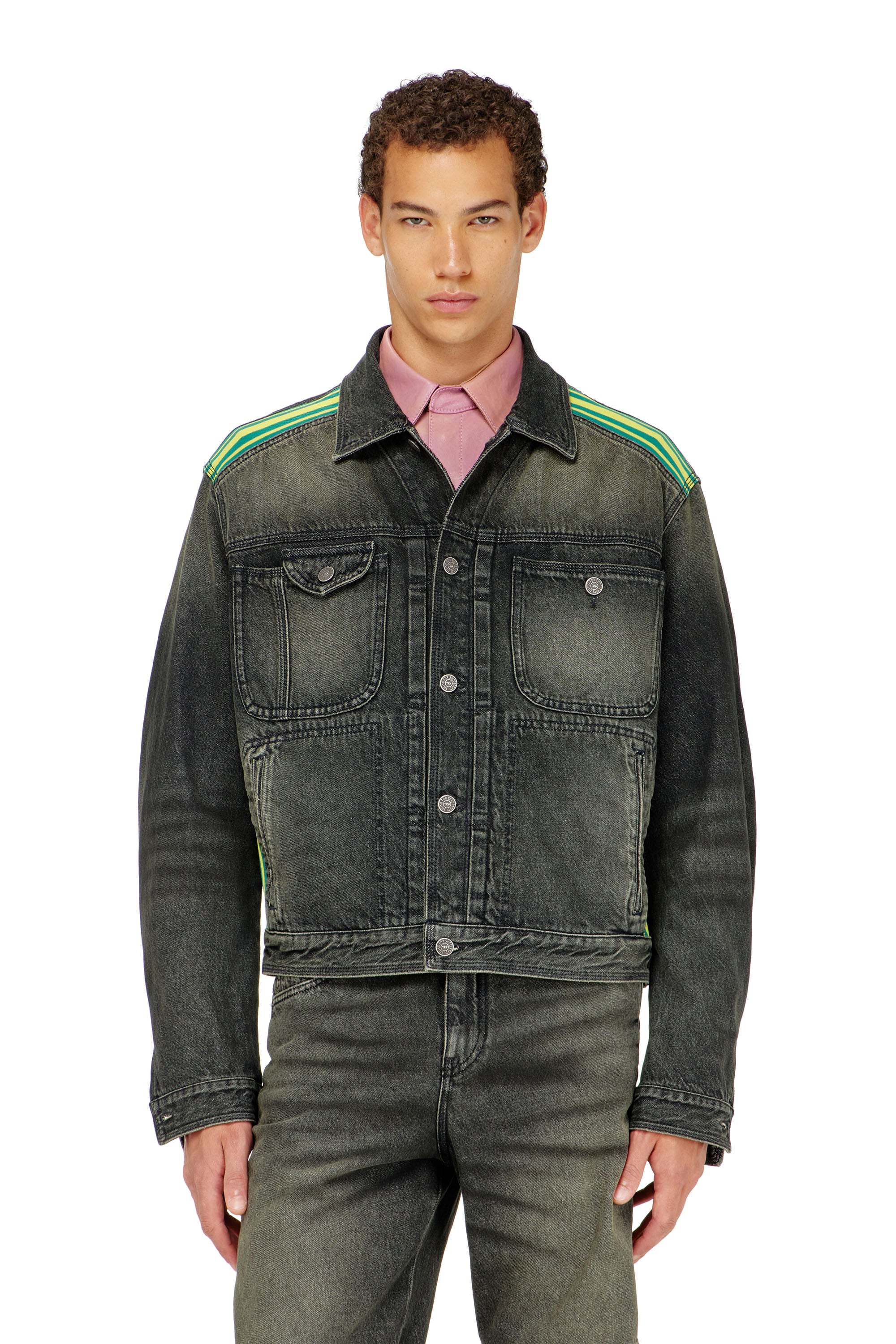 Diesel - D-BAS-FSJ1, Chaqueta trucker con bandas de hombro a rayas Hombre in Negro - 1