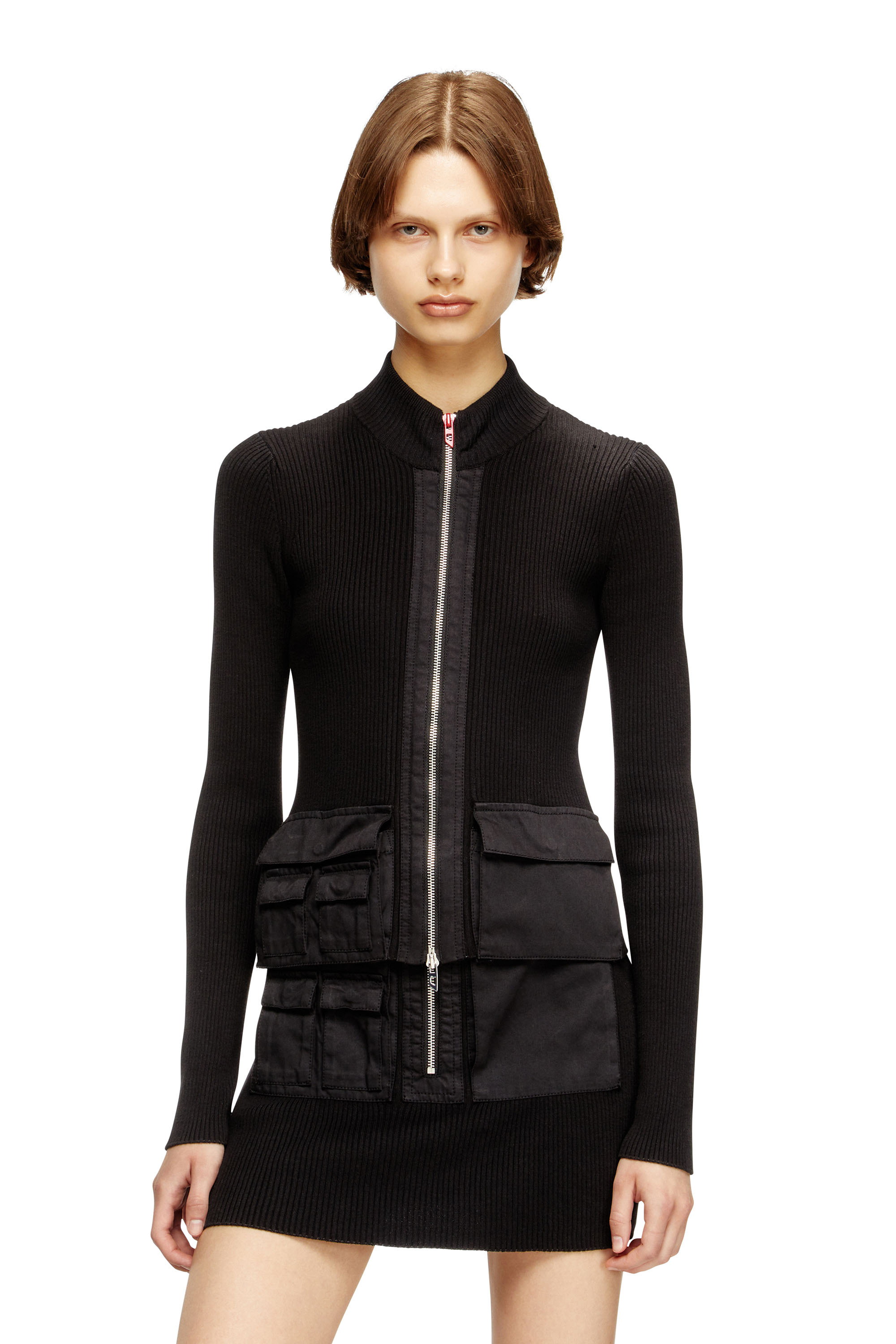 Diesel - M-MELISSA, Chaqueta de punto en canalé con bolsillos cargo Mujer in Negro - 3