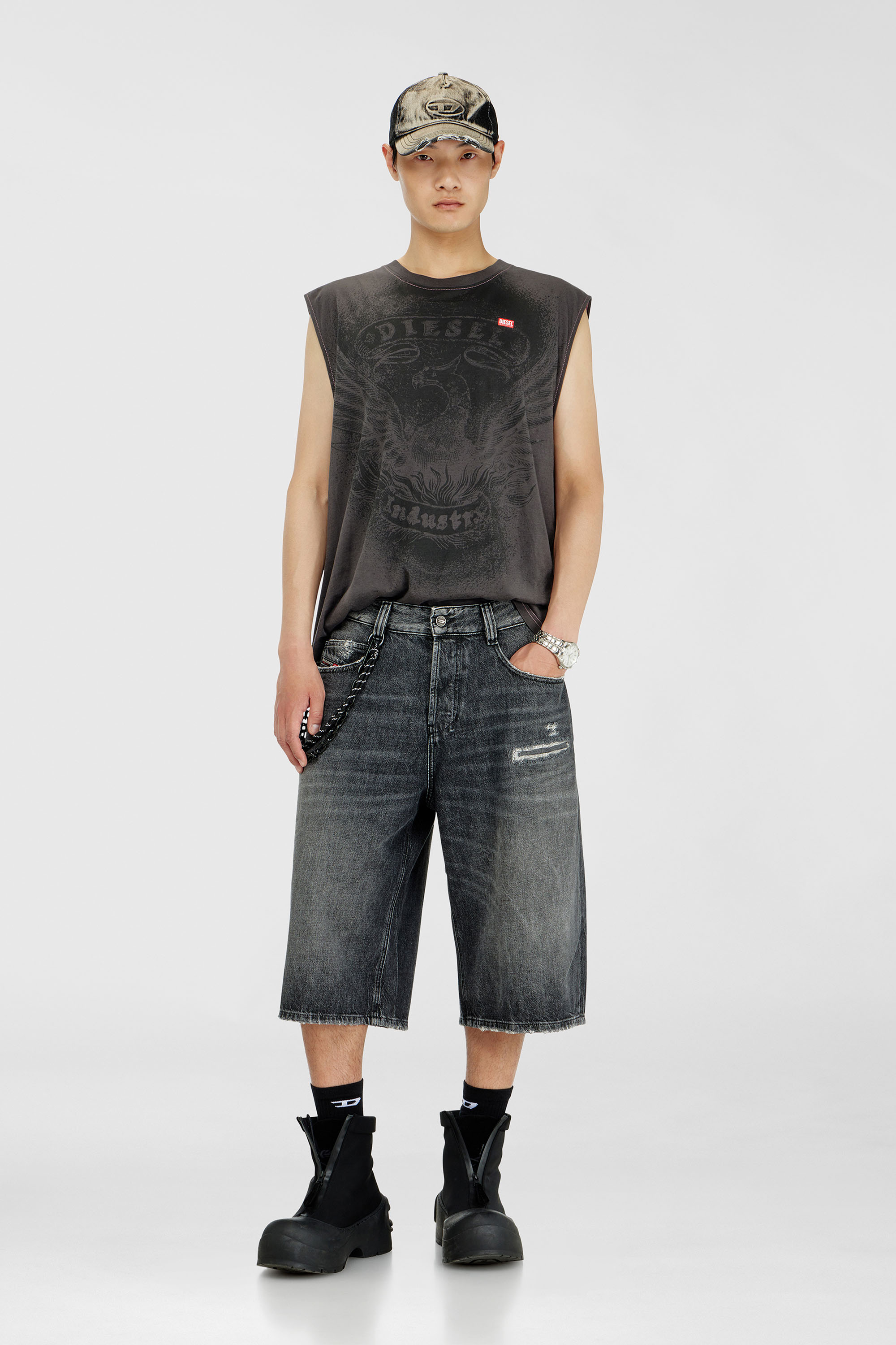 Diesel - D-ENIM-M-SHORT, Shorts relaxed de denim con abrasiones Unisex in Gris - 1